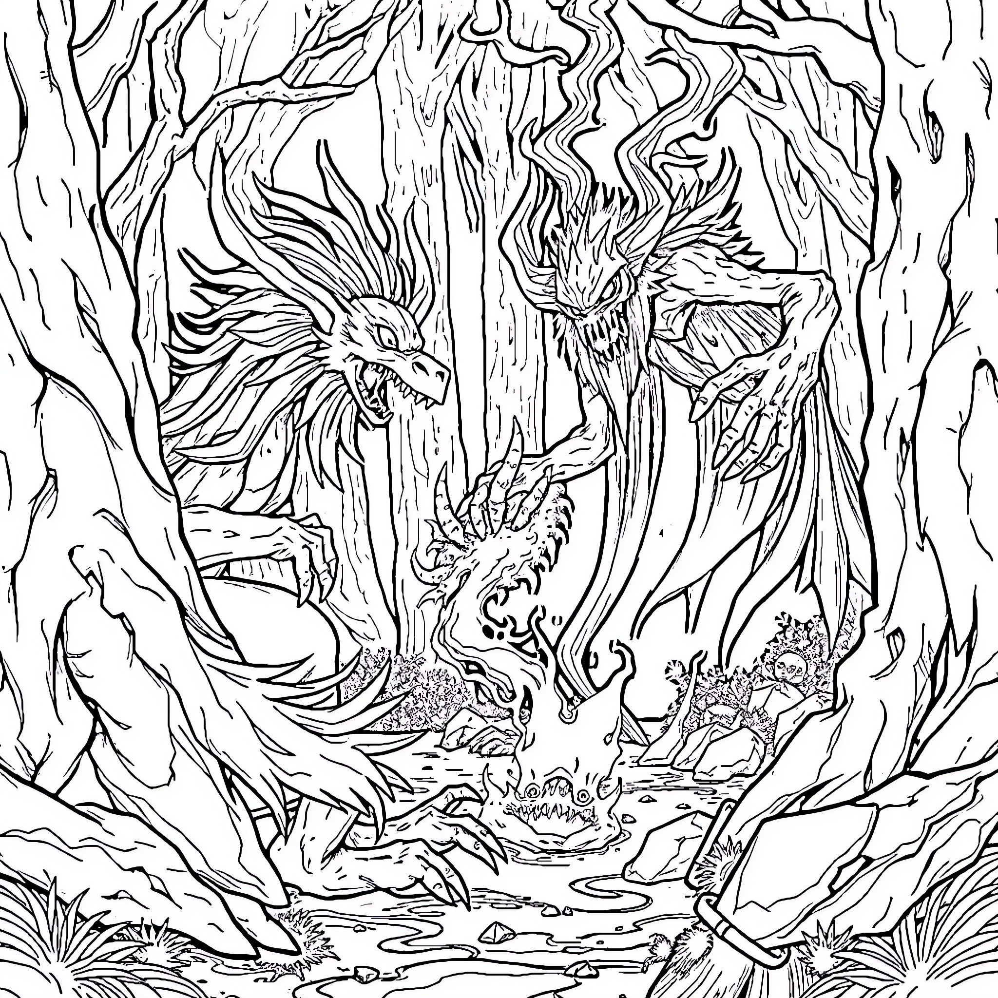 Kuyang: Mythical Creatures in Enchanted Forest Coloring Page (free black-and-white line drawing printable PDF for all, from beginners to advanced learners, including children, teens, adults, and seniors)