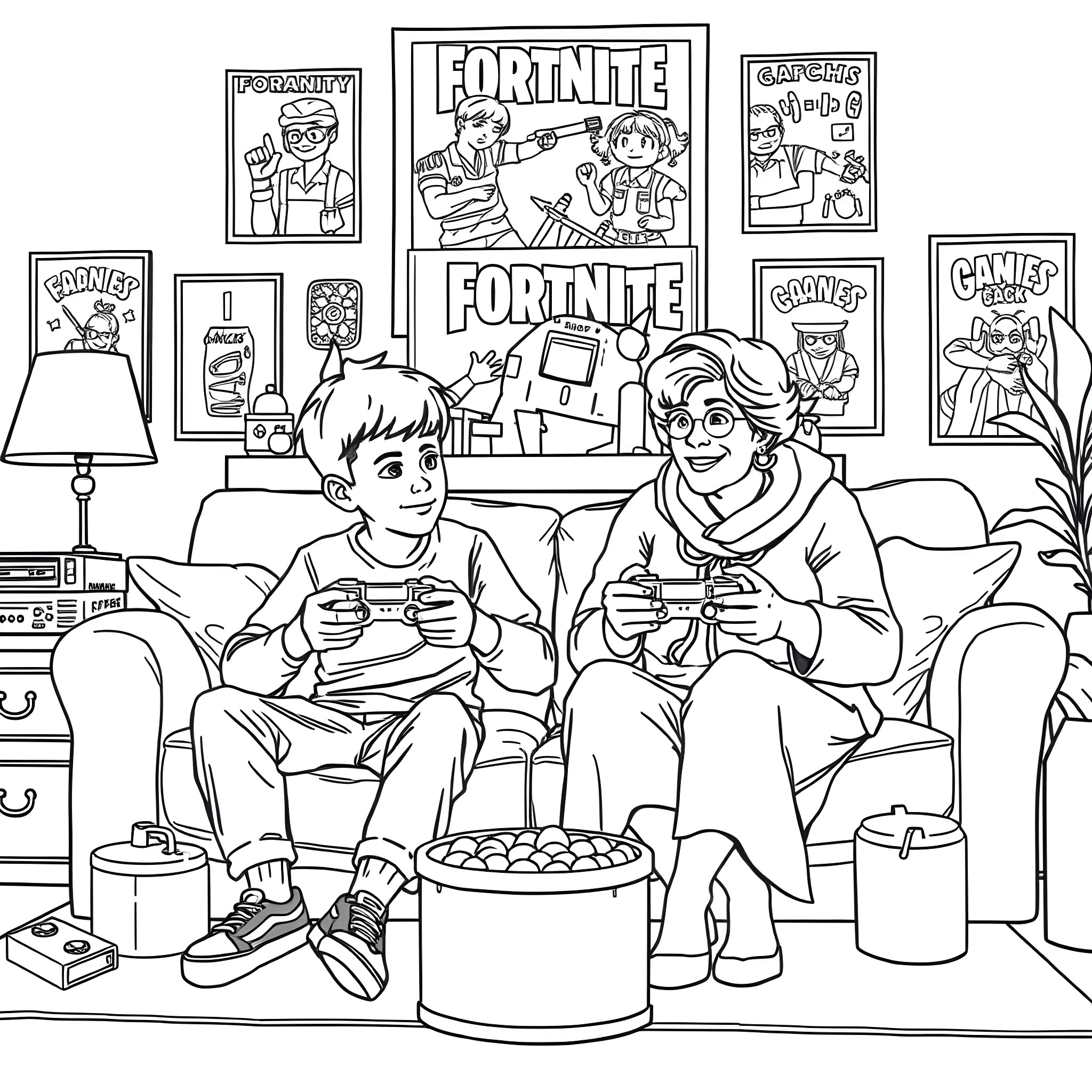 Jaxson and friend enjoying a Fortnite gaming session Coloring Page (free black-and-white line drawing printable PDF for all, from beginners to advanced learners, including children, teens, adults, and seniors)
