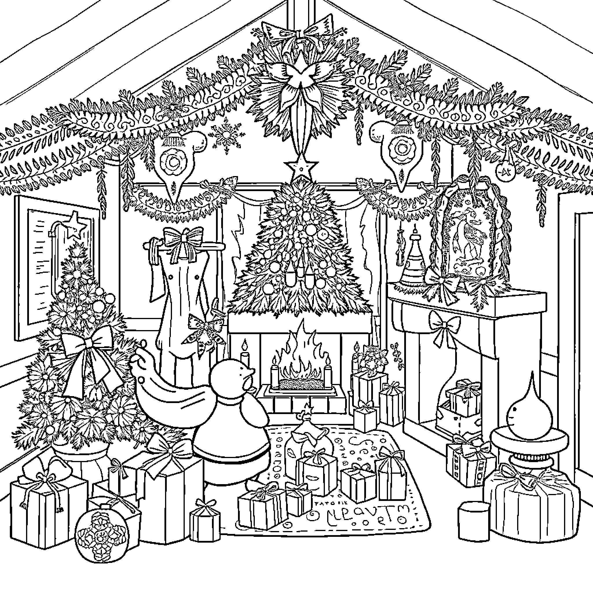 Christmas Decorations and Festive Scene Coloring Page (free black-and-white line drawing printable PDF for all, from beginners to advanced learners, including children, teens, adults, and seniors)