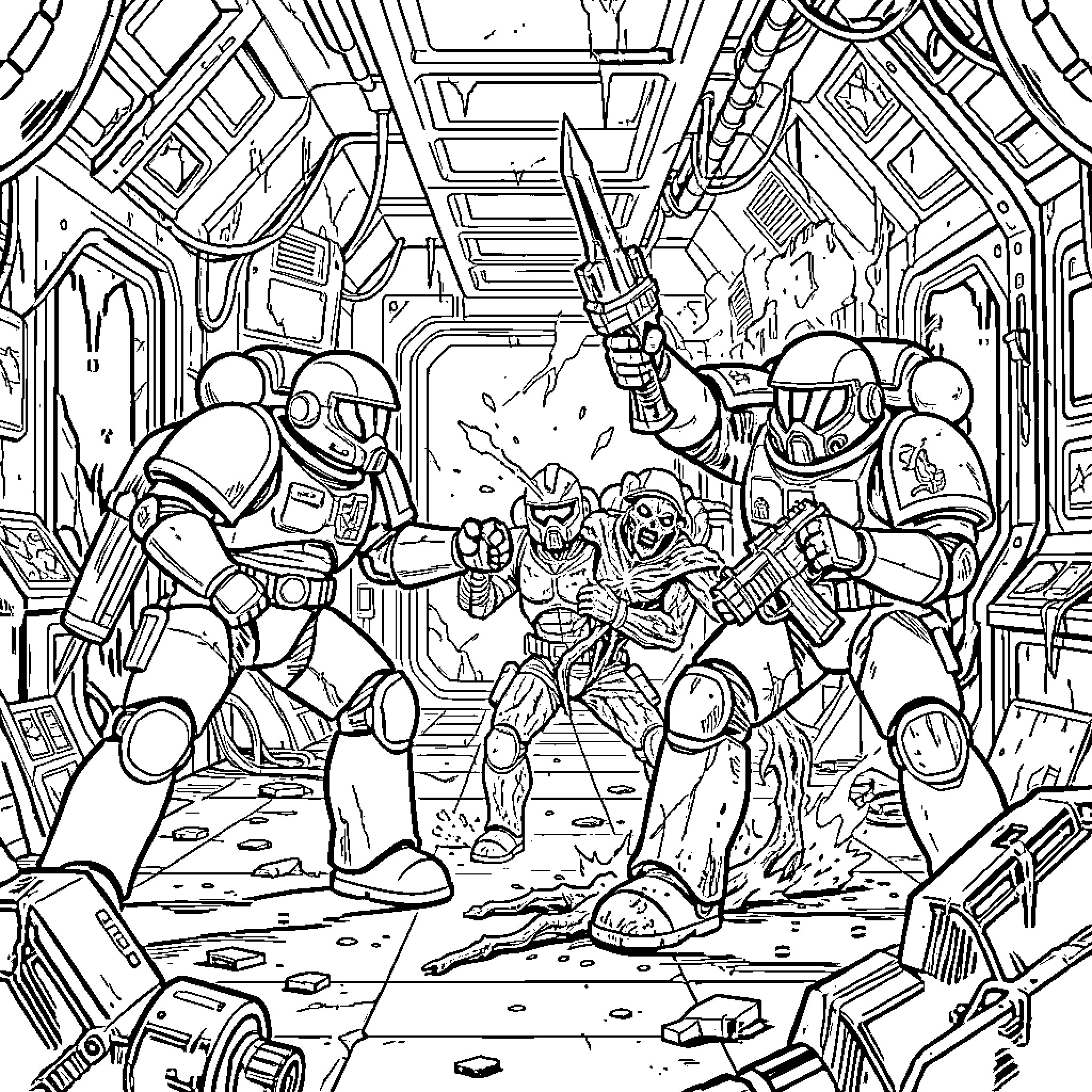 Space Marine warriors fighting enemies in a spaceship corridor Coloring Page (free black-and-white line drawing printable PDF for all, from beginners to advanced learners, including children, teens, adults, and seniors)