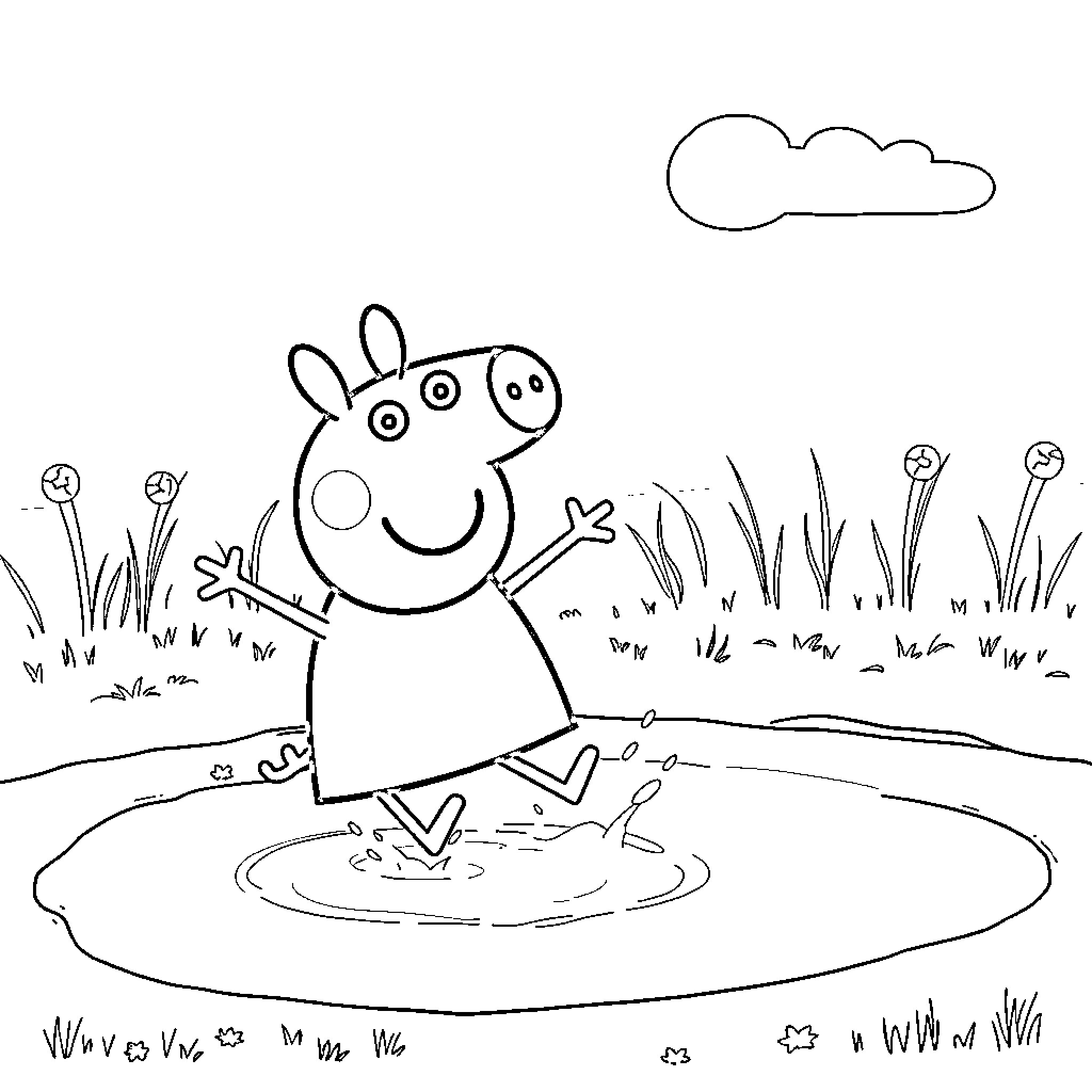 Peppa Pig playing happily in the meadow Coloring Page (free black-and-white line drawing printable PDF for all, from beginners to advanced learners, including children, teens, adults, and seniors)
