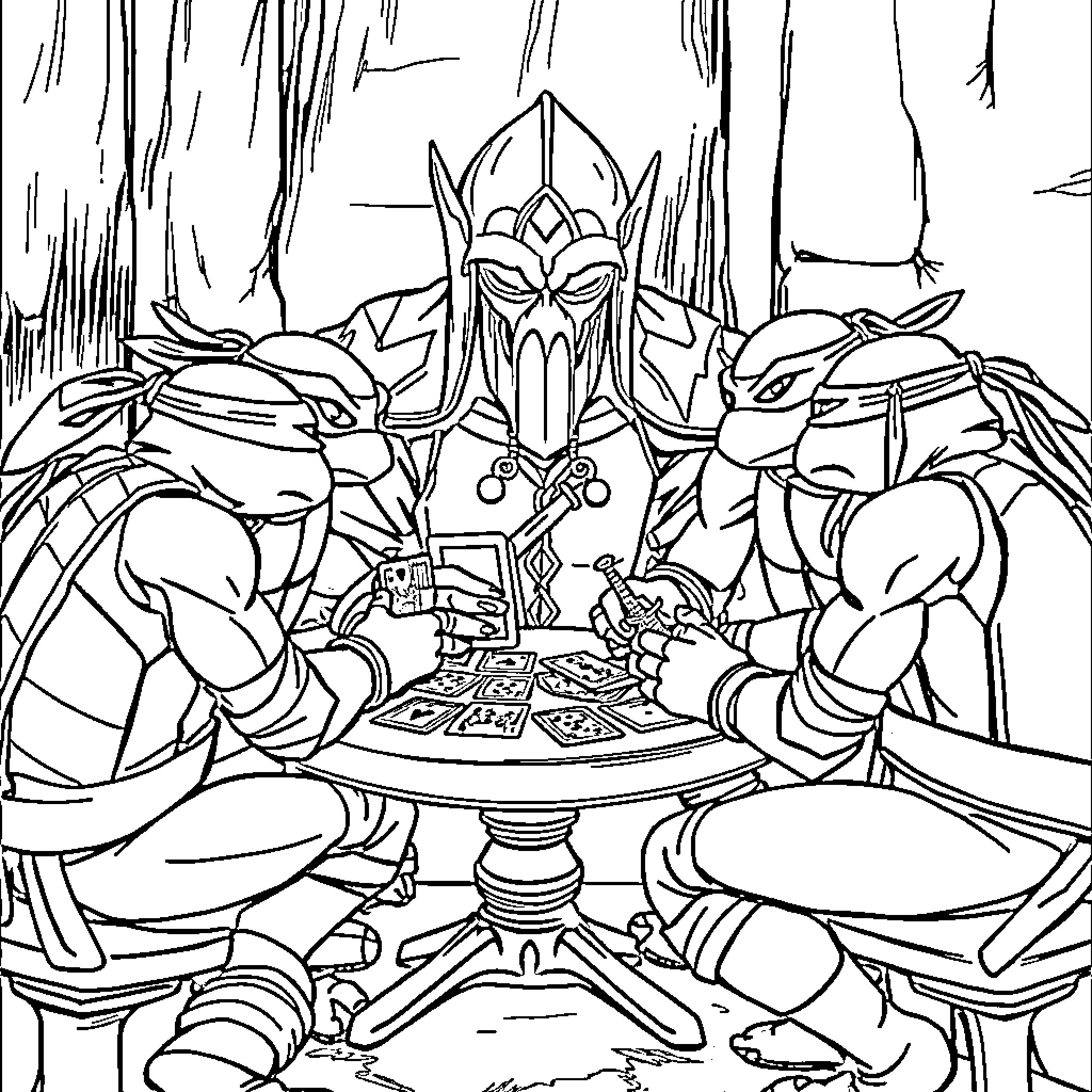 Shredder's sinister strategy session with his minions Coloring Page (free black-and-white line drawing printable PDF for all, from beginners to advanced learners, including children, teens, adults, and seniors)