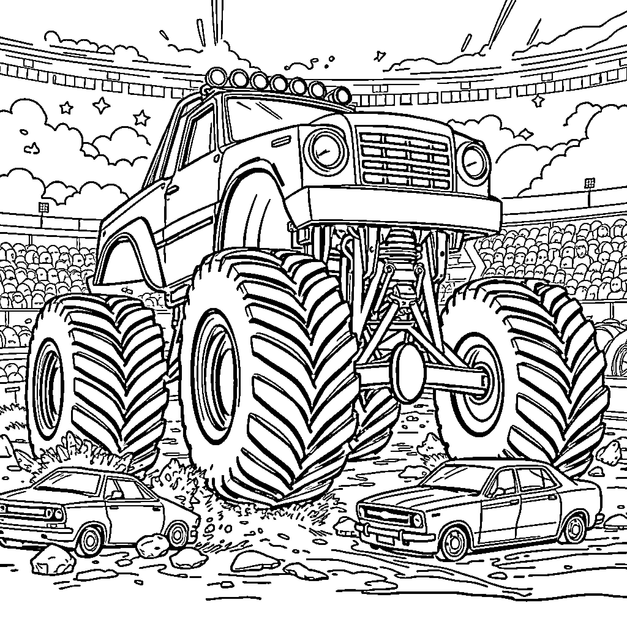 Monster Truck Crushing Cars in the Arena Coloring Page (free black-and-white line drawing printable PDF for all, from beginners to advanced learners, including children, teens, adults, and seniors)