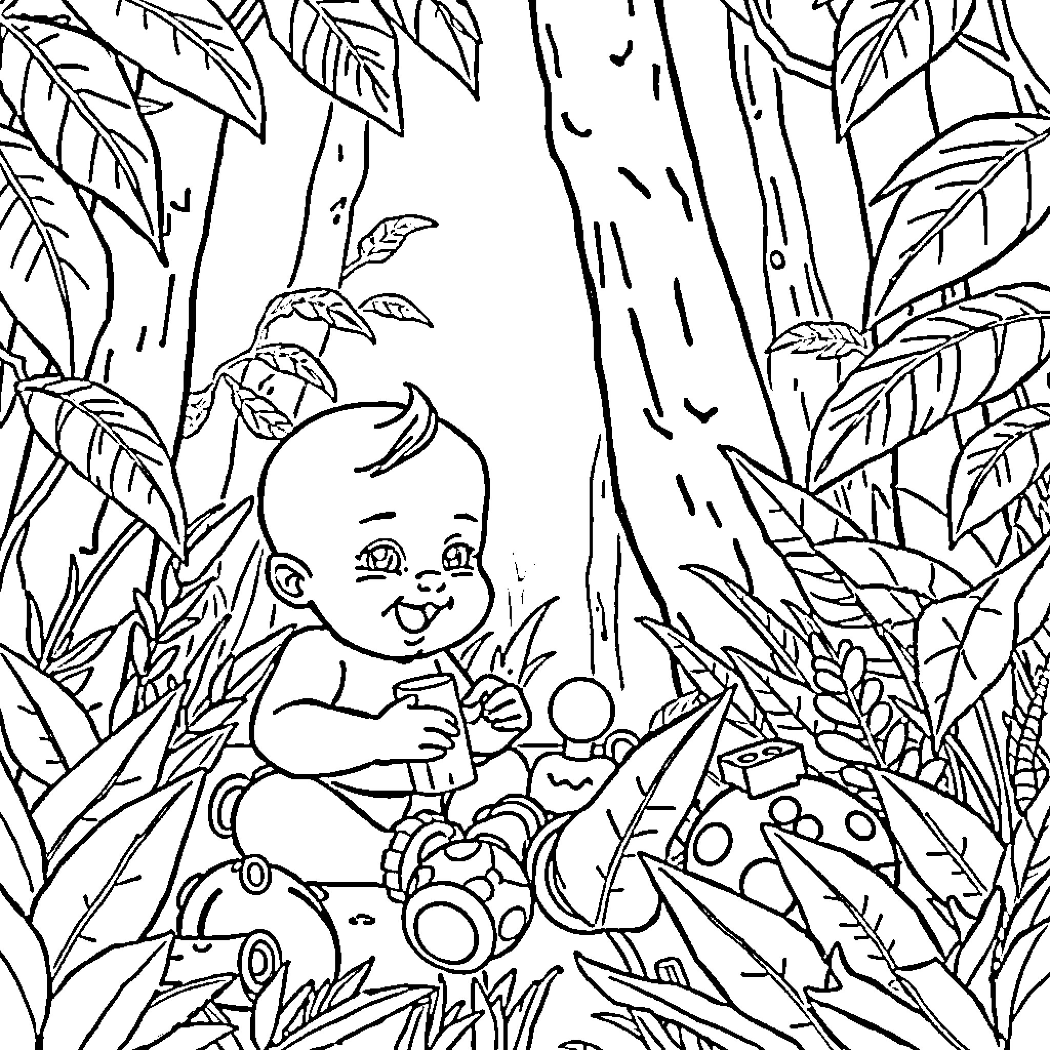 Baby exploring the enchanting forest Coloring Page (free black-and-white line drawing printable PDF for all, from beginners to advanced learners, including children, teens, adults, and seniors)