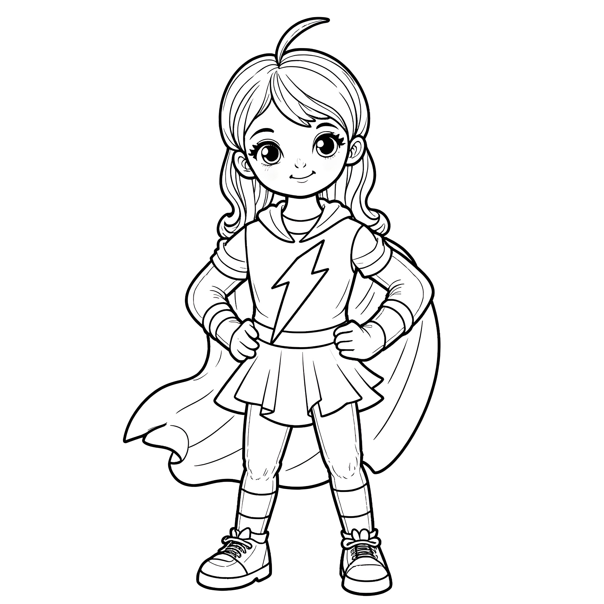 Girl in superhero costume posing confidently Coloring Page (free black-and-white line drawing printable PDF for all, from beginners to advanced learners, including children, teens, adults, and seniors)