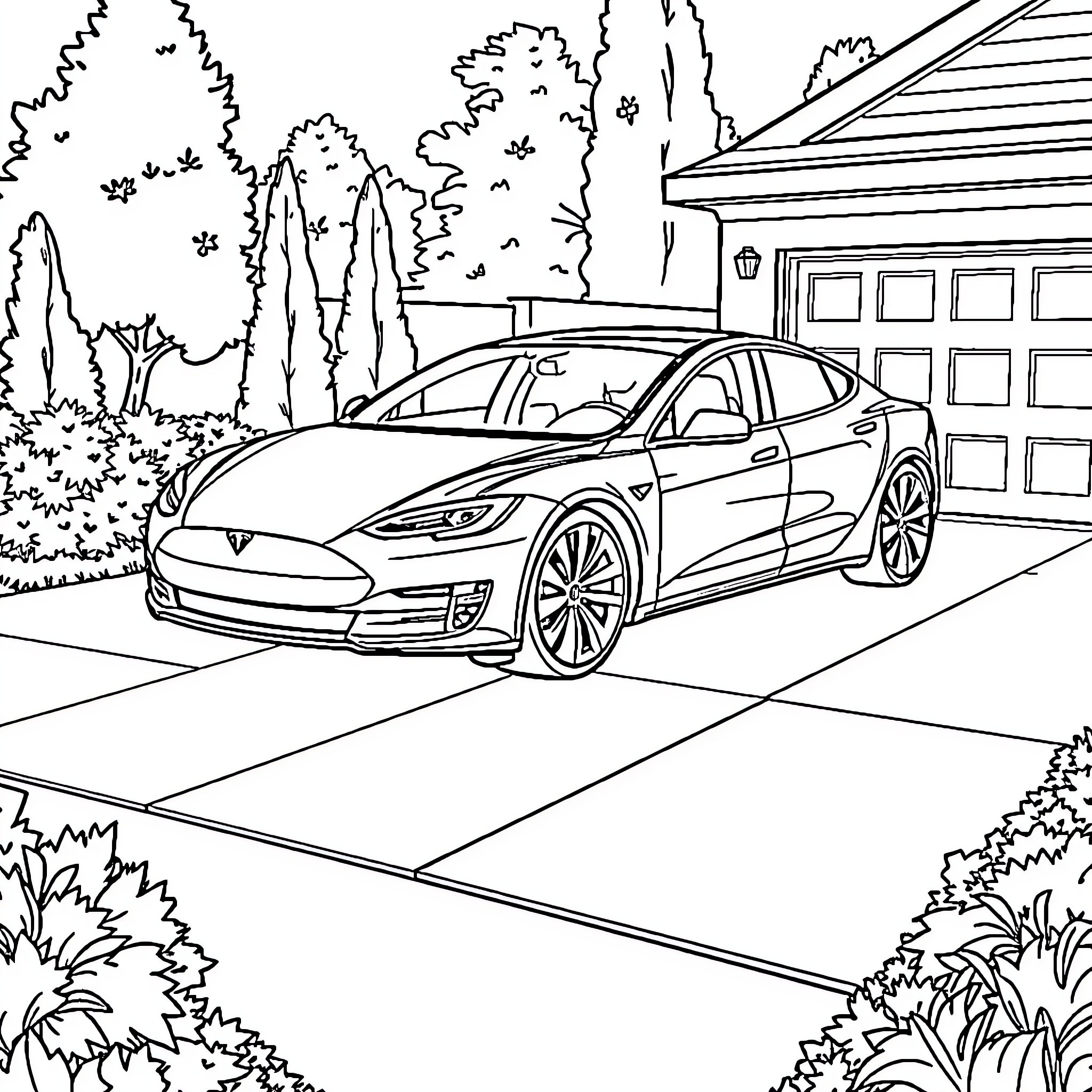 Tesla model parked in driveway surrounded by nature Coloring Page (free black-and-white line drawing printable PDF for all, from beginners to advanced learners, including children, teens, adults, and seniors)