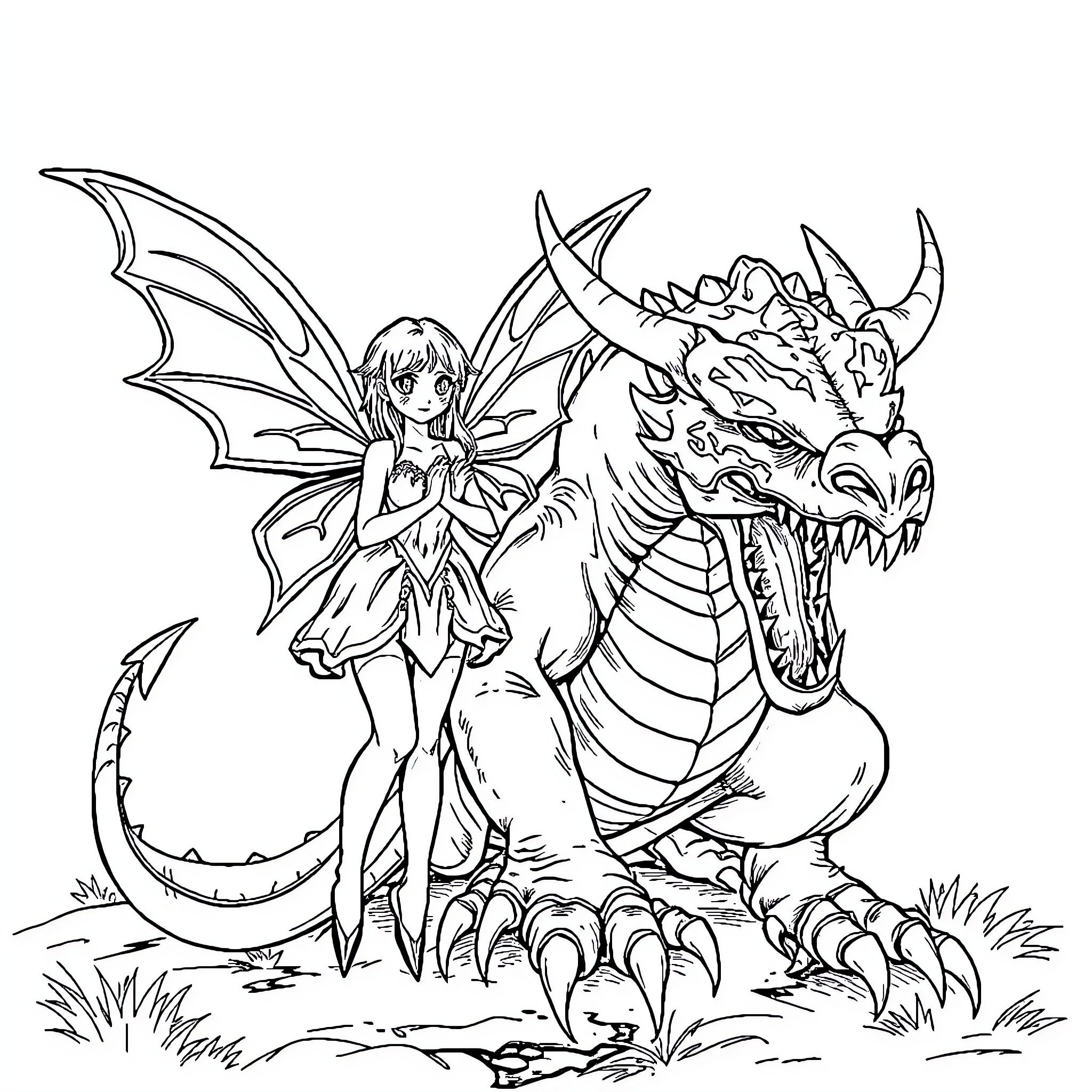 Fairy befriends a fearsome dragon Coloring Page (free black-and-white line drawing printable PDF for all, from beginners to advanced learners, including children, teens, adults, and seniors)