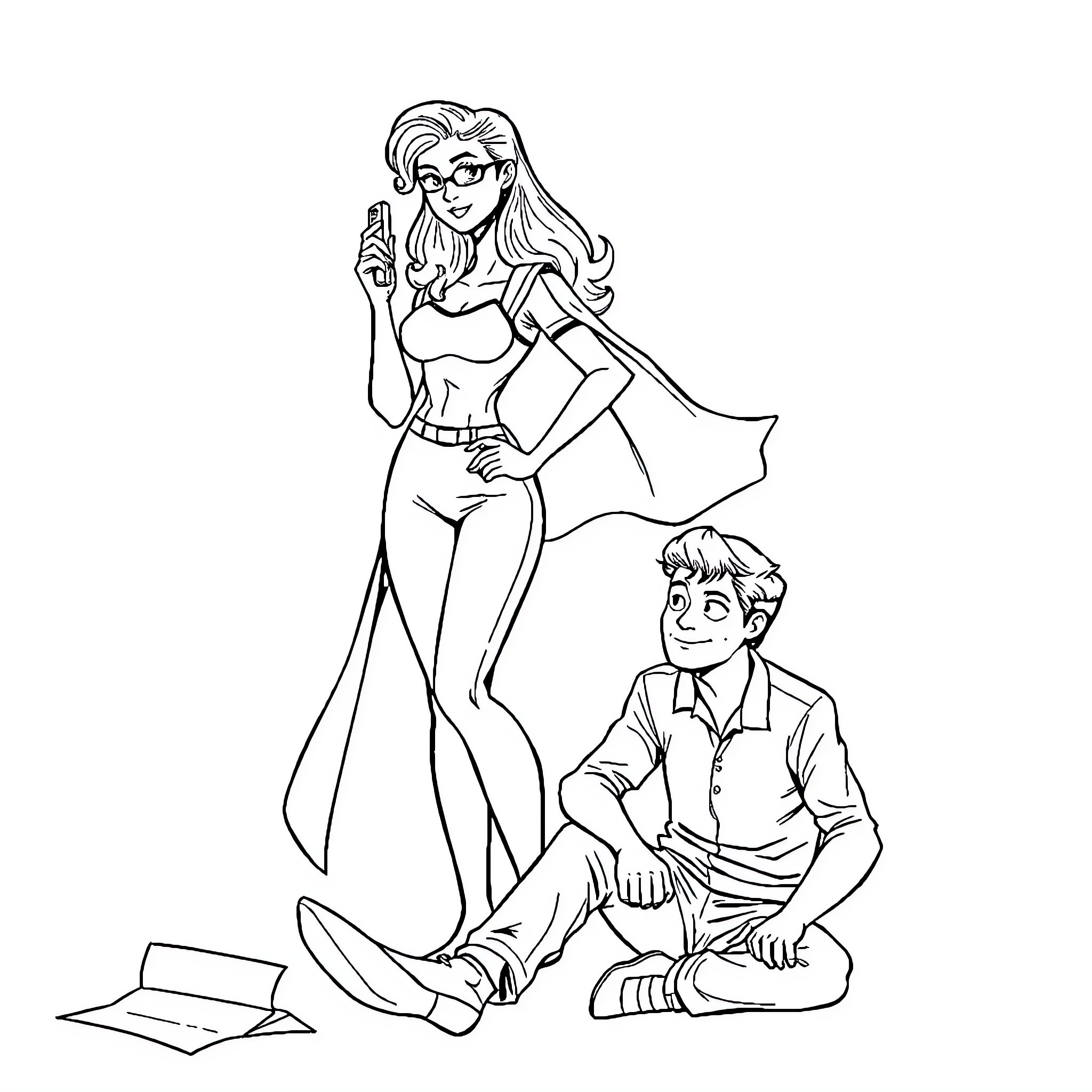 Superwoman Saves the Day with Heroic Pose Coloring Page (free black-and-white line drawing printable PDF for all, from beginners to advanced learners, including children, teens, adults, and seniors)