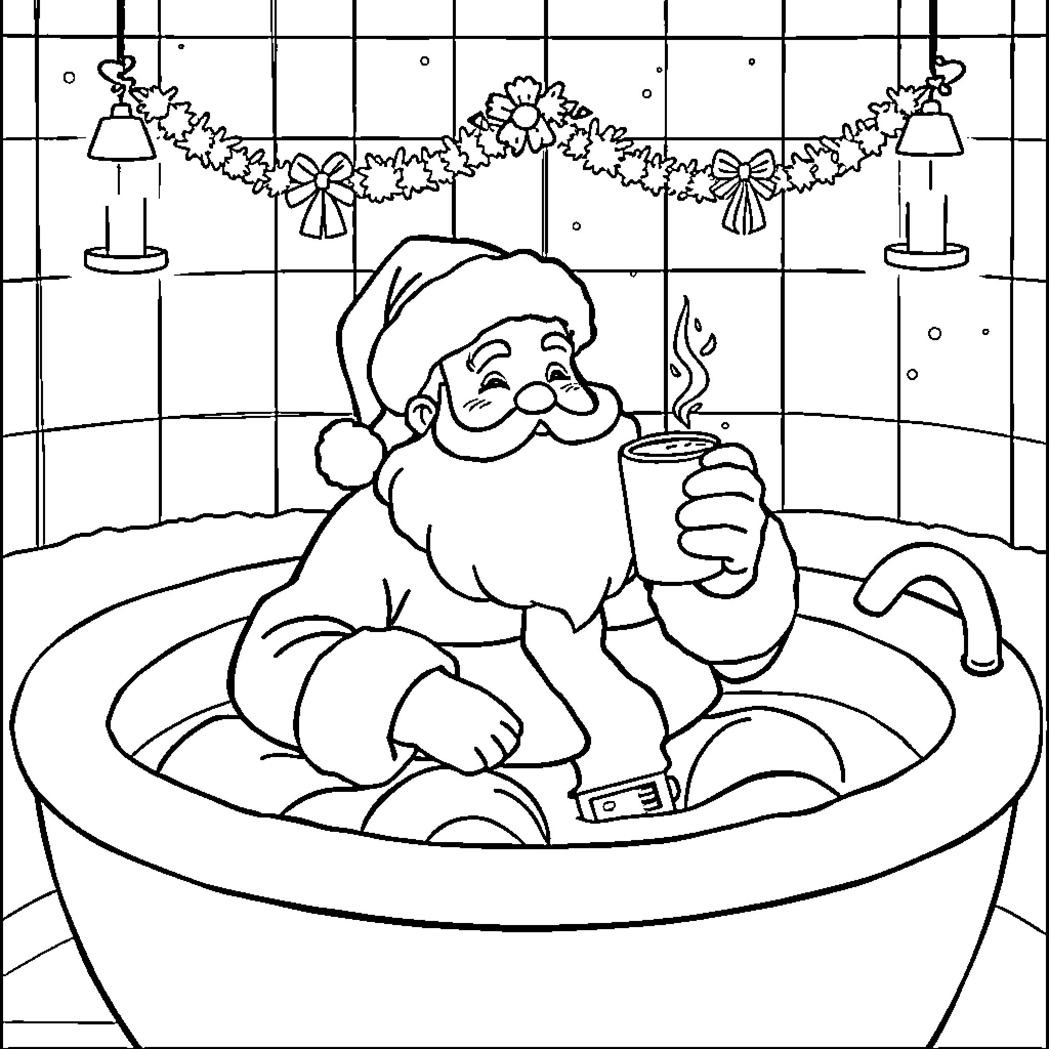 Santa Relaxing in a Festive Bath Coloring Page (free black-and-white line drawing printable PDF for all, from beginners to advanced learners, including children, teens, adults, and seniors)