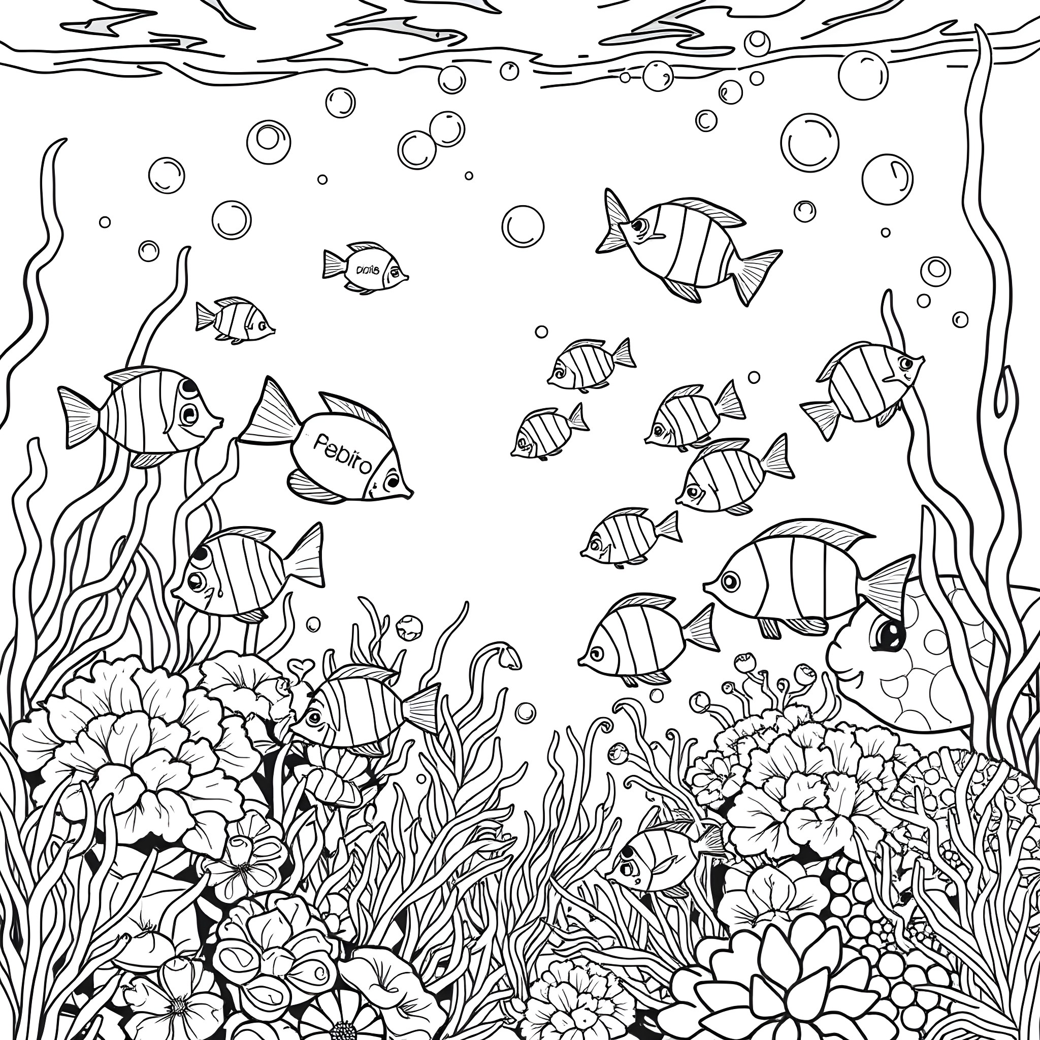 Fish swimming cheerfully in the vibrant underwater garden Coloring Page (free black-and-white line drawing printable PDF for all, from beginners to advanced learners, including children, teens, adults, and seniors)