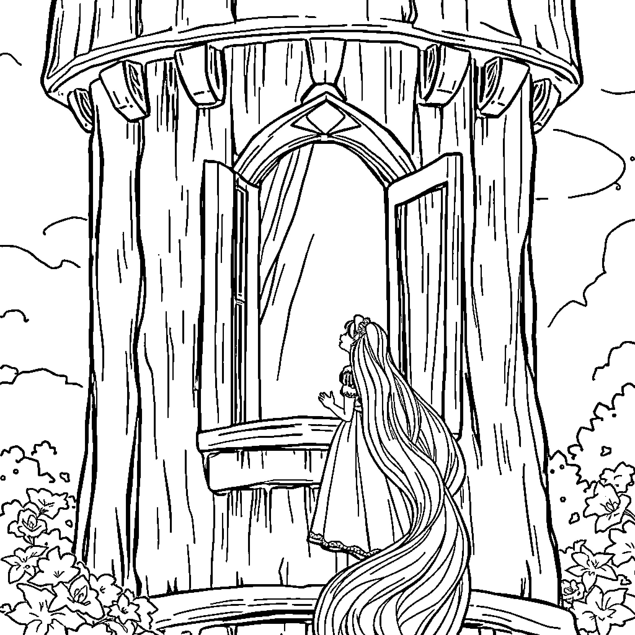 Rapunzel gazing out from her castle tower Coloring Page (free black-and-white line drawing printable PDF for all, from beginners to advanced learners, including children, teens, adults, and seniors)