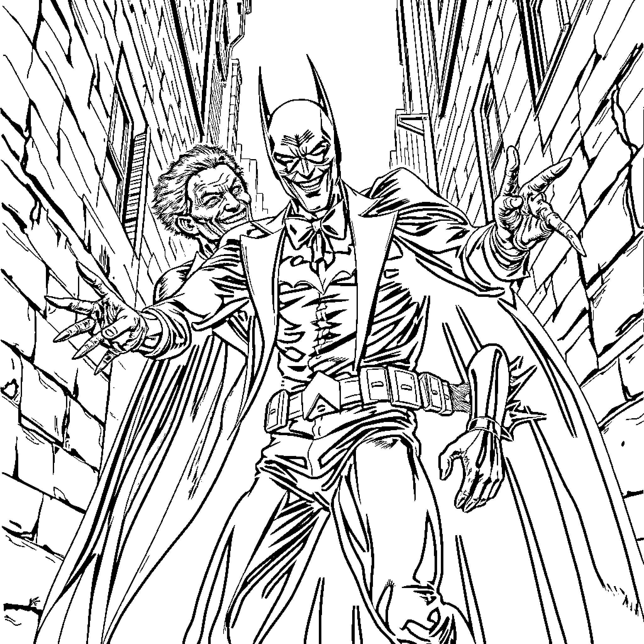 Joker and Batman in Fierce Battle Coloring Page (free black-and-white line drawing printable PDF for all, from beginners to advanced learners, including children, teens, adults, and seniors)
