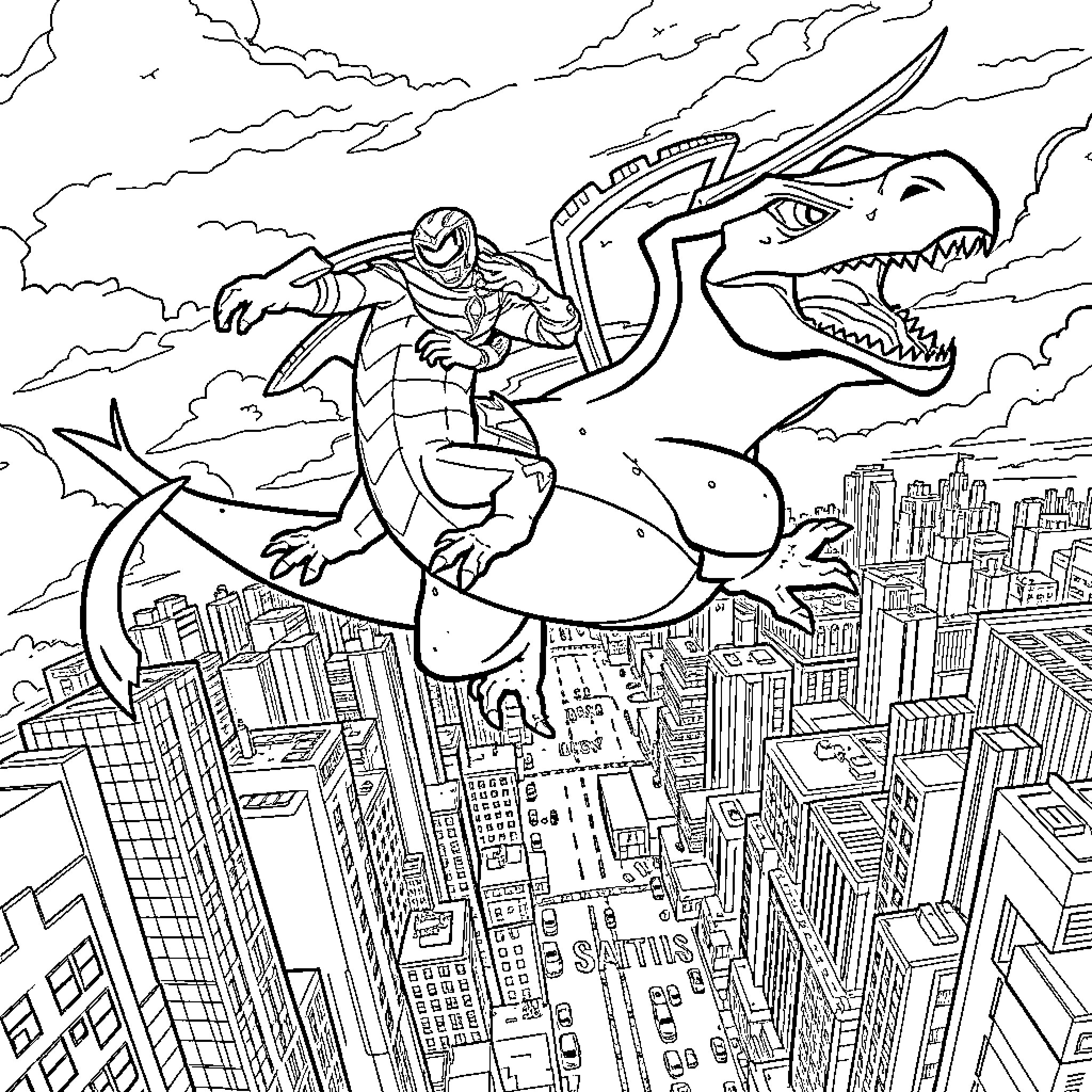 Power Ranger Battles Colossal Dinosaur over Cityscape Coloring Page (free black-and-white line drawing printable PDF for all, from beginners to advanced learners, including children, teens, adults, and seniors)