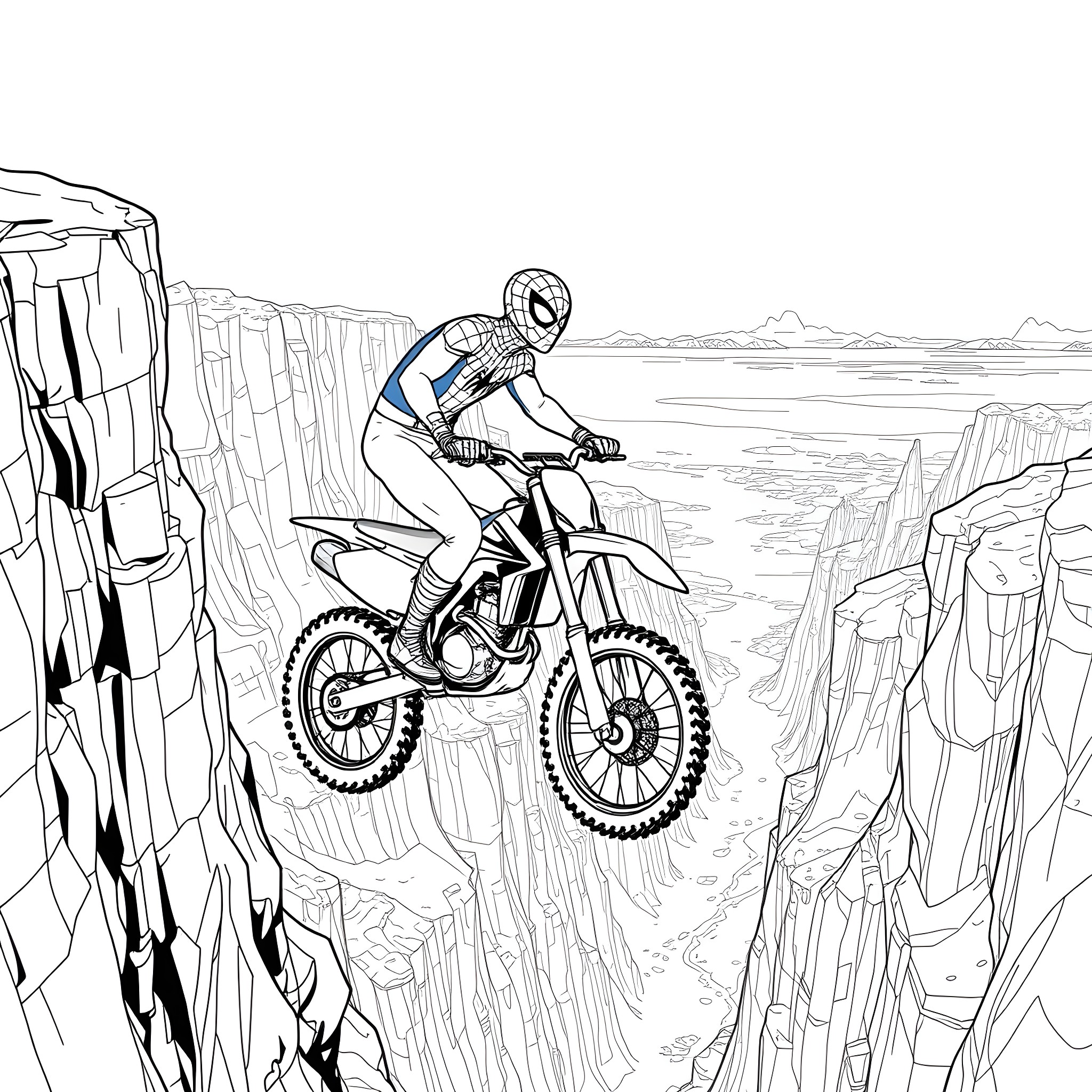 Spiderman performing daring motorcycle stunts in the desert Coloring Page (free black-and-white line drawing printable PDF for all, from beginners to advanced learners, including children, teens, adults, and seniors)