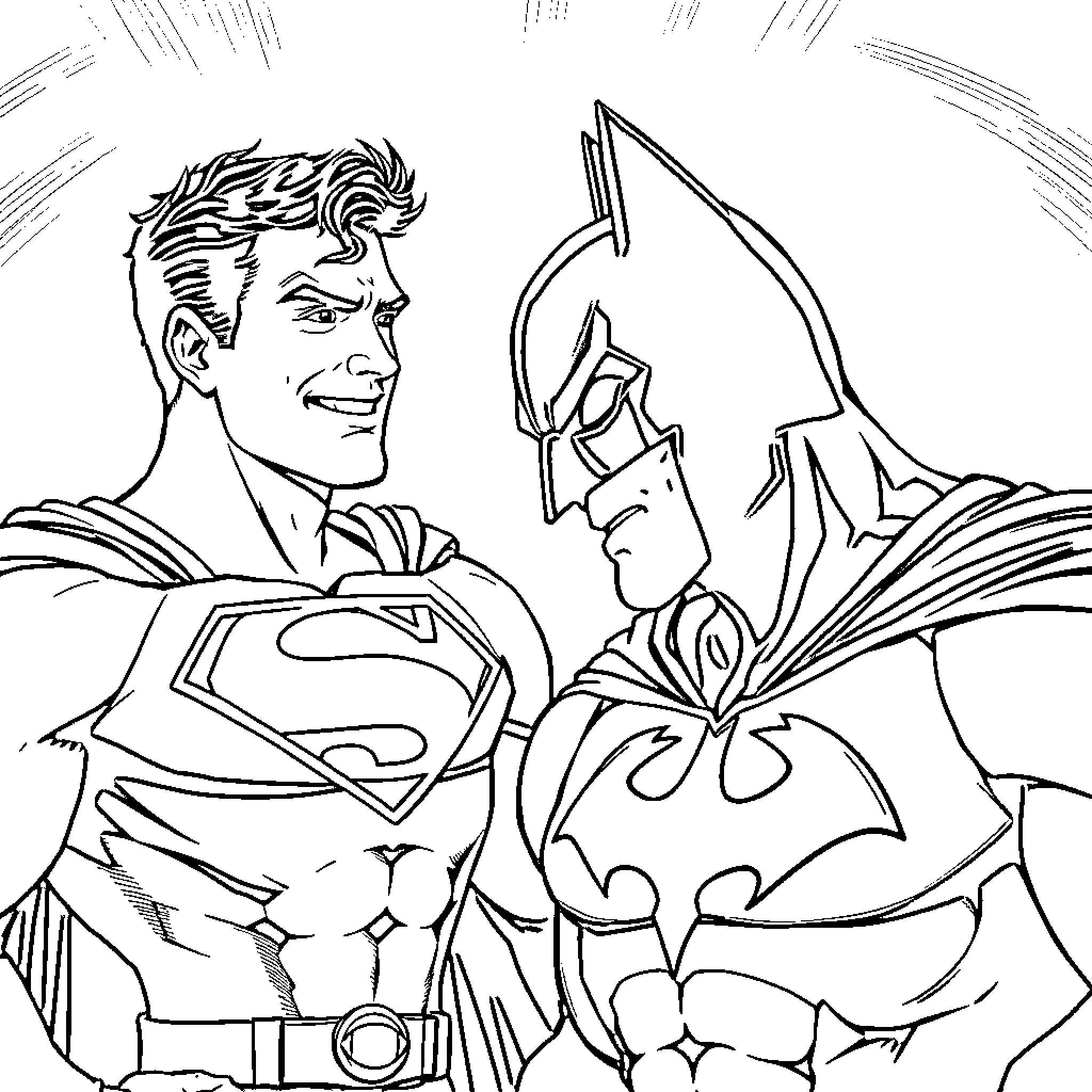 Superman and Batman teaming up for action Coloring Page (free black-and-white line drawing printable PDF for all, from beginners to advanced learners, including children, teens, adults, and seniors)