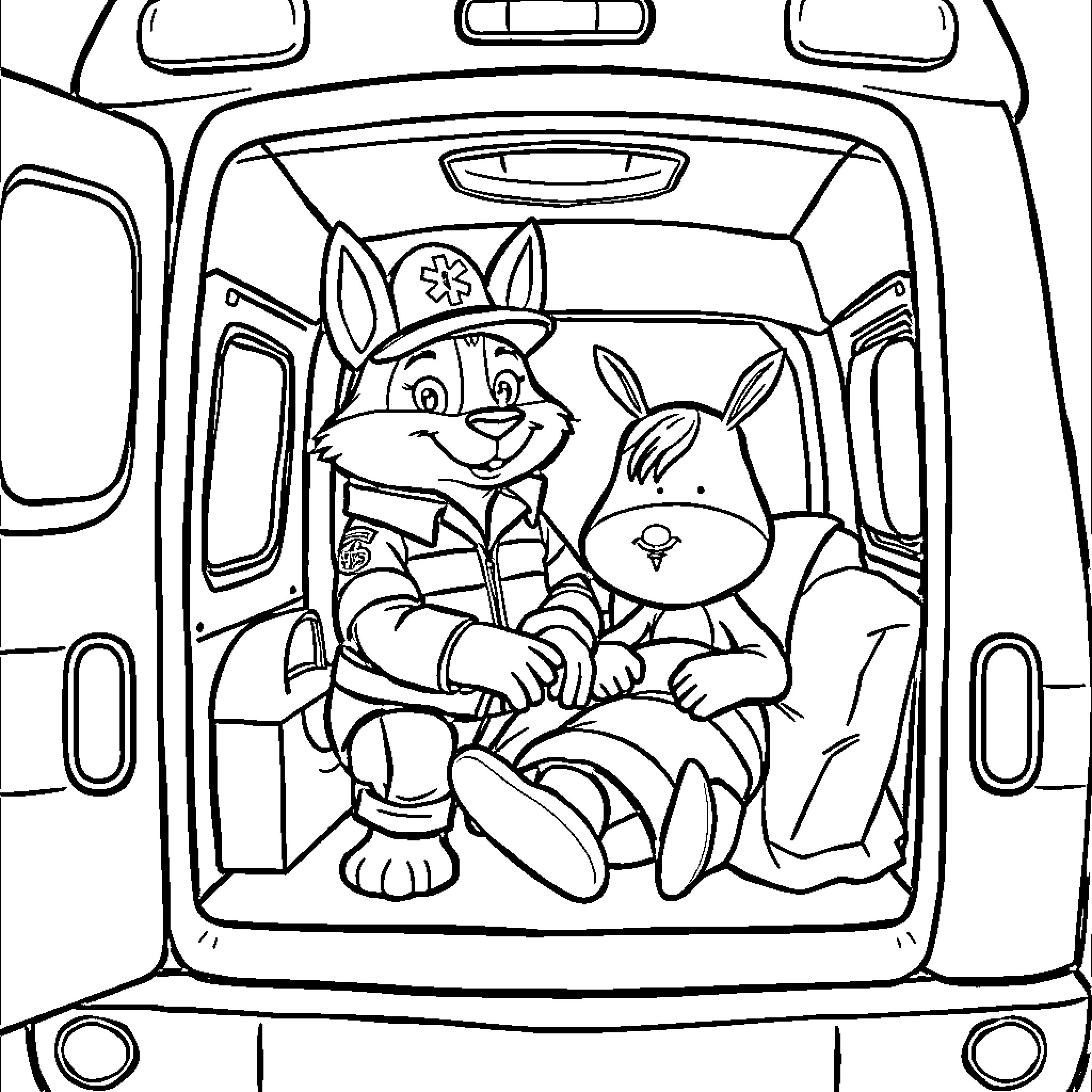 Paramedic animals caring for patient in ambulance Coloring Page (free black-and-white line drawing printable PDF for all, from beginners to advanced learners, including children, teens, adults, and seniors)