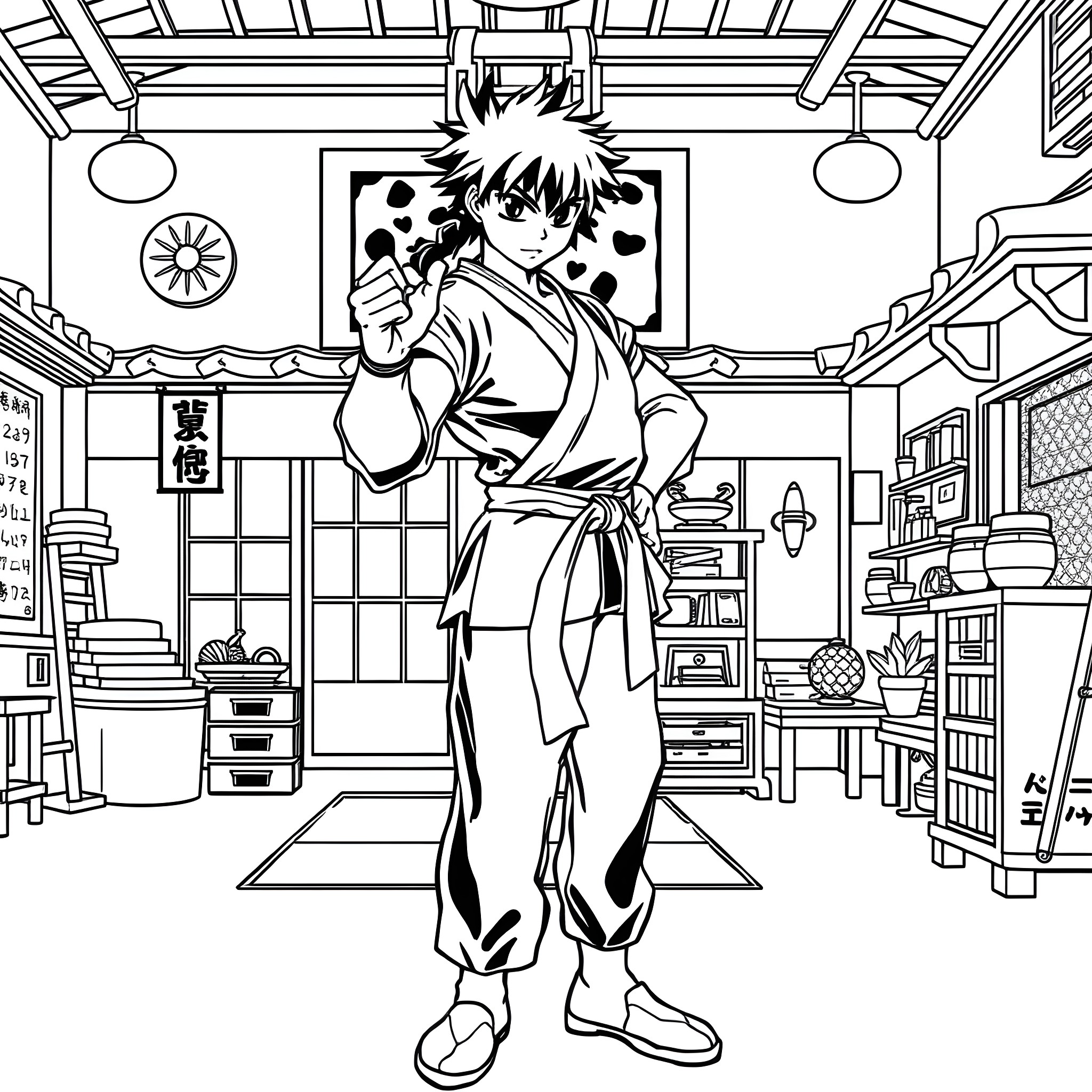Ranma Saotome in a traditional Japanese setting Coloring Page (free black-and-white line drawing printable PDF for all, from beginners to advanced learners, including children, teens, adults, and seniors)