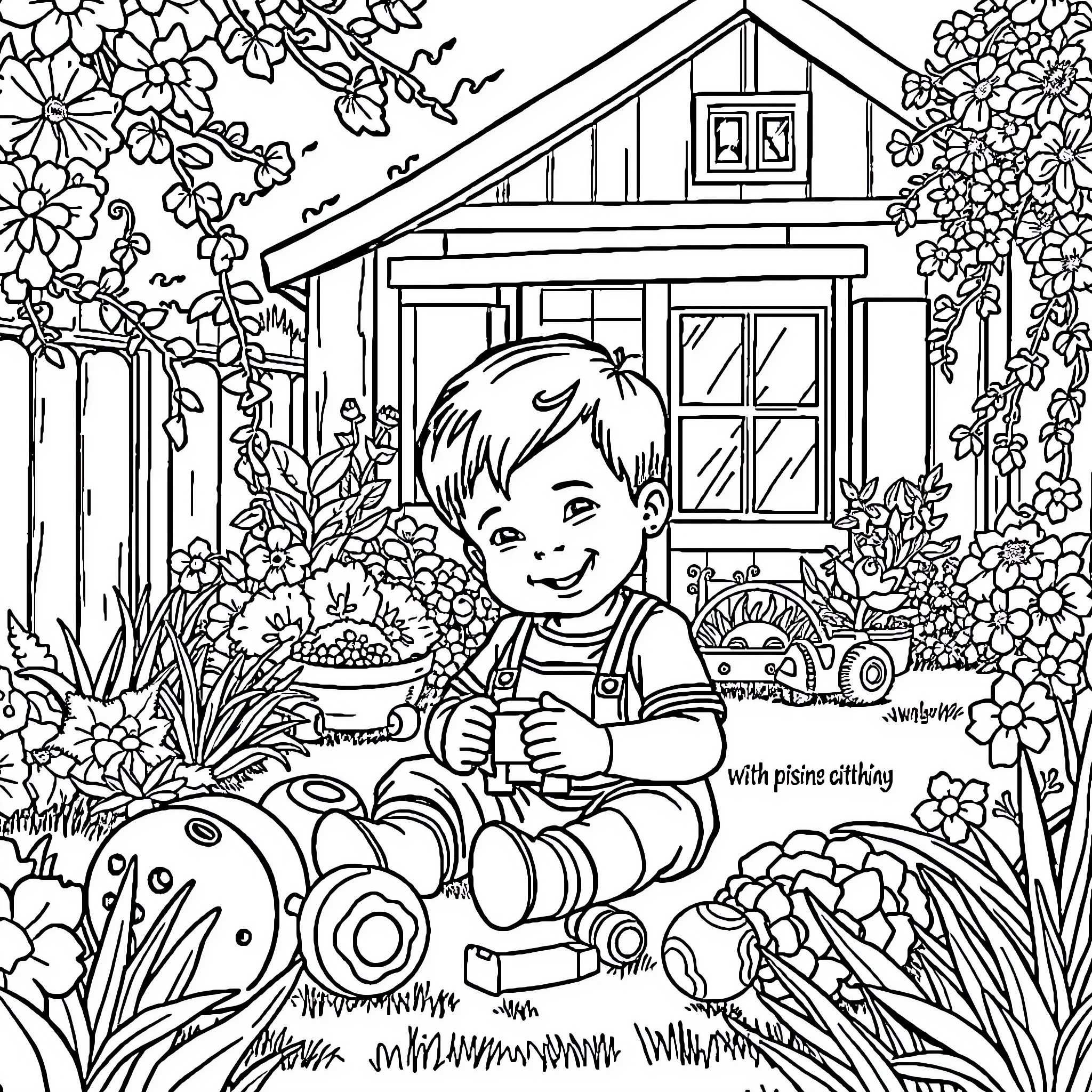 Boy playing with garden toys near a cottage Coloring Page (free black-and-white line drawing printable PDF for all, from beginners to advanced learners, including children, teens, adults, and seniors)