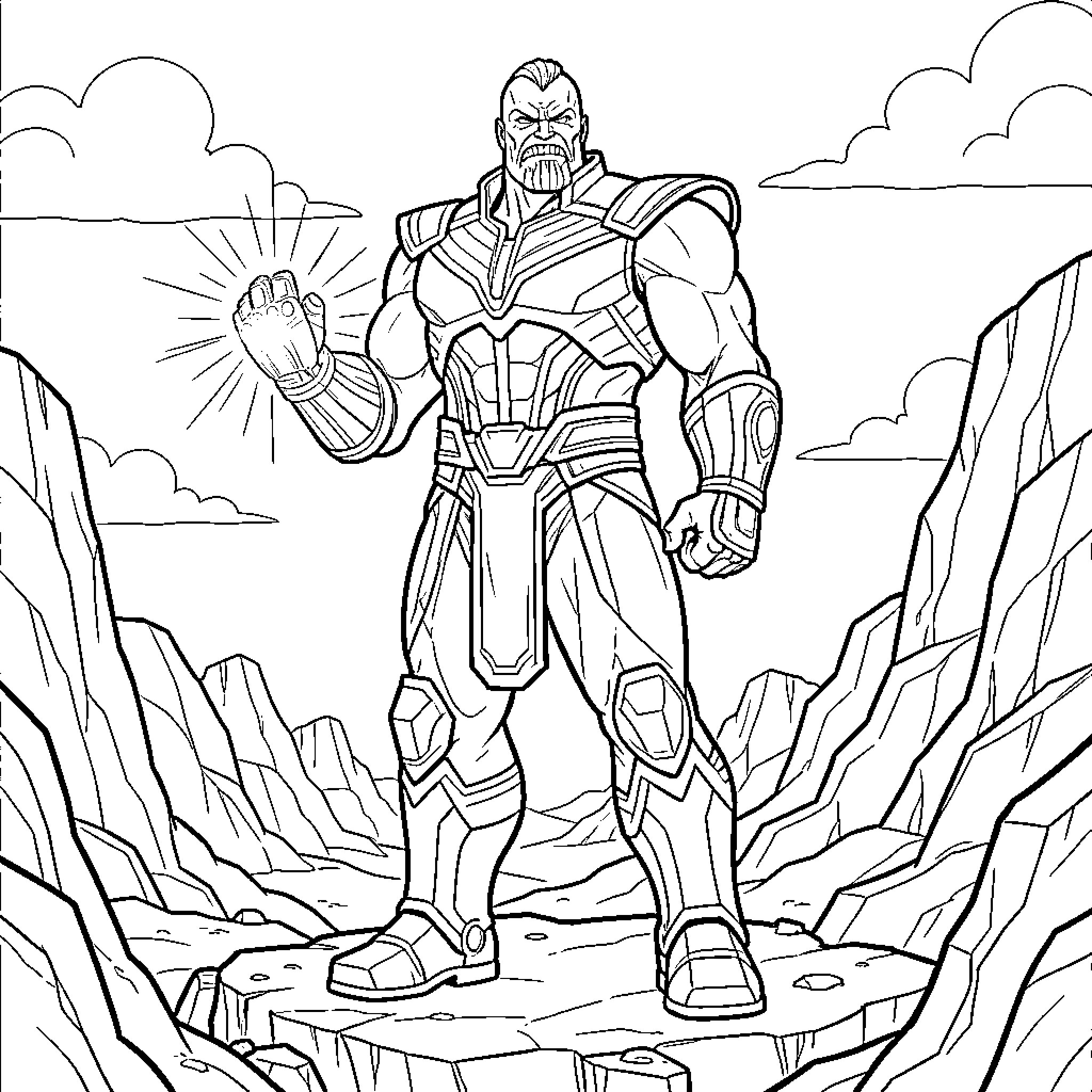 Thanos wielding the Infinity Gauntlet in a powerful pose Coloring Page (free black-and-white line drawing printable PDF for all, from beginners to advanced learners, including children, teens, adults, and seniors)