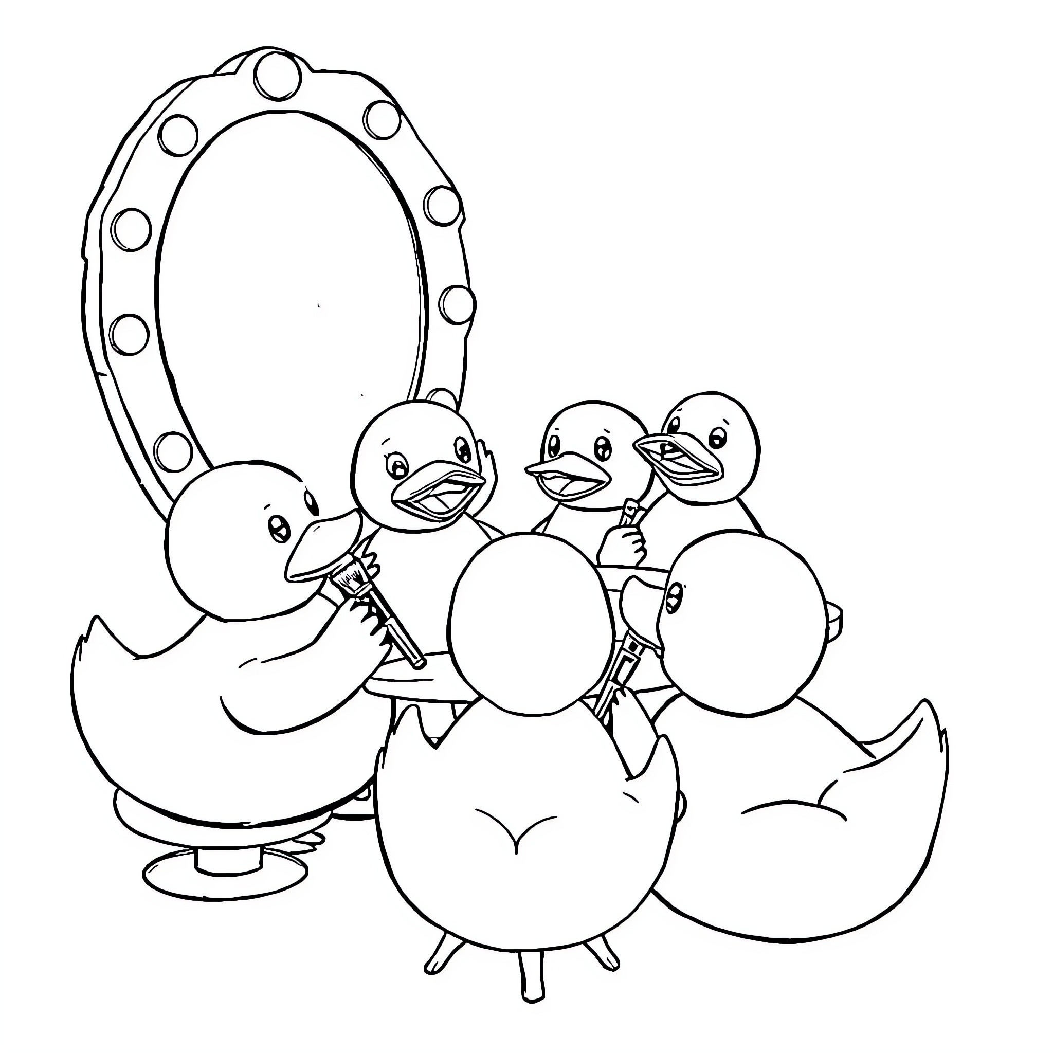 Rubber Duck Family Performing with Musical Instruments Coloring Page (free black-and-white line drawing printable PDF for all, from beginners to advanced learners, including children, teens, adults, and seniors)