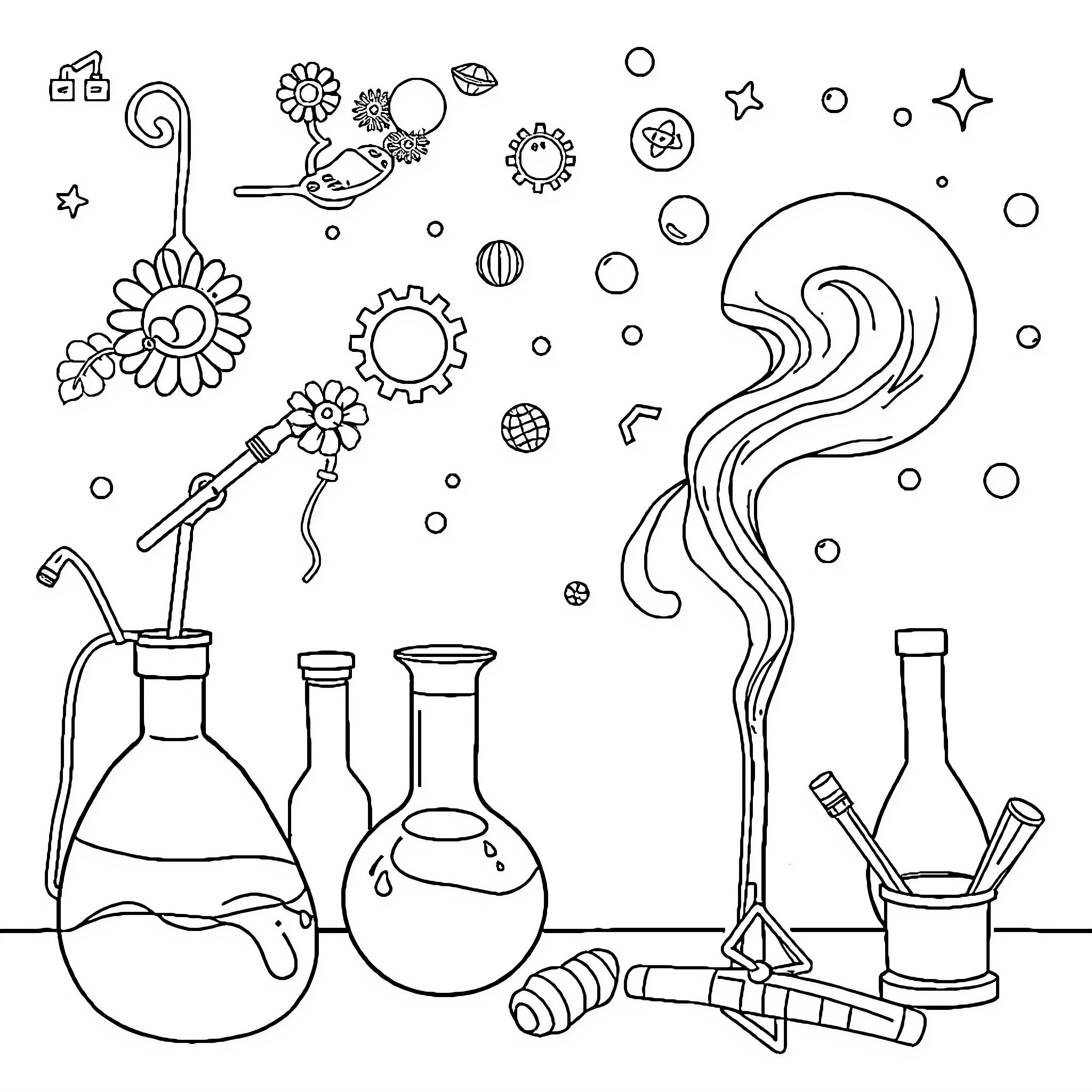 Science Experiments with Flowers and Glassware Coloring Page (free black-and-white line drawing printable PDF for all, from beginners to advanced learners, including children, teens, adults, and seniors)