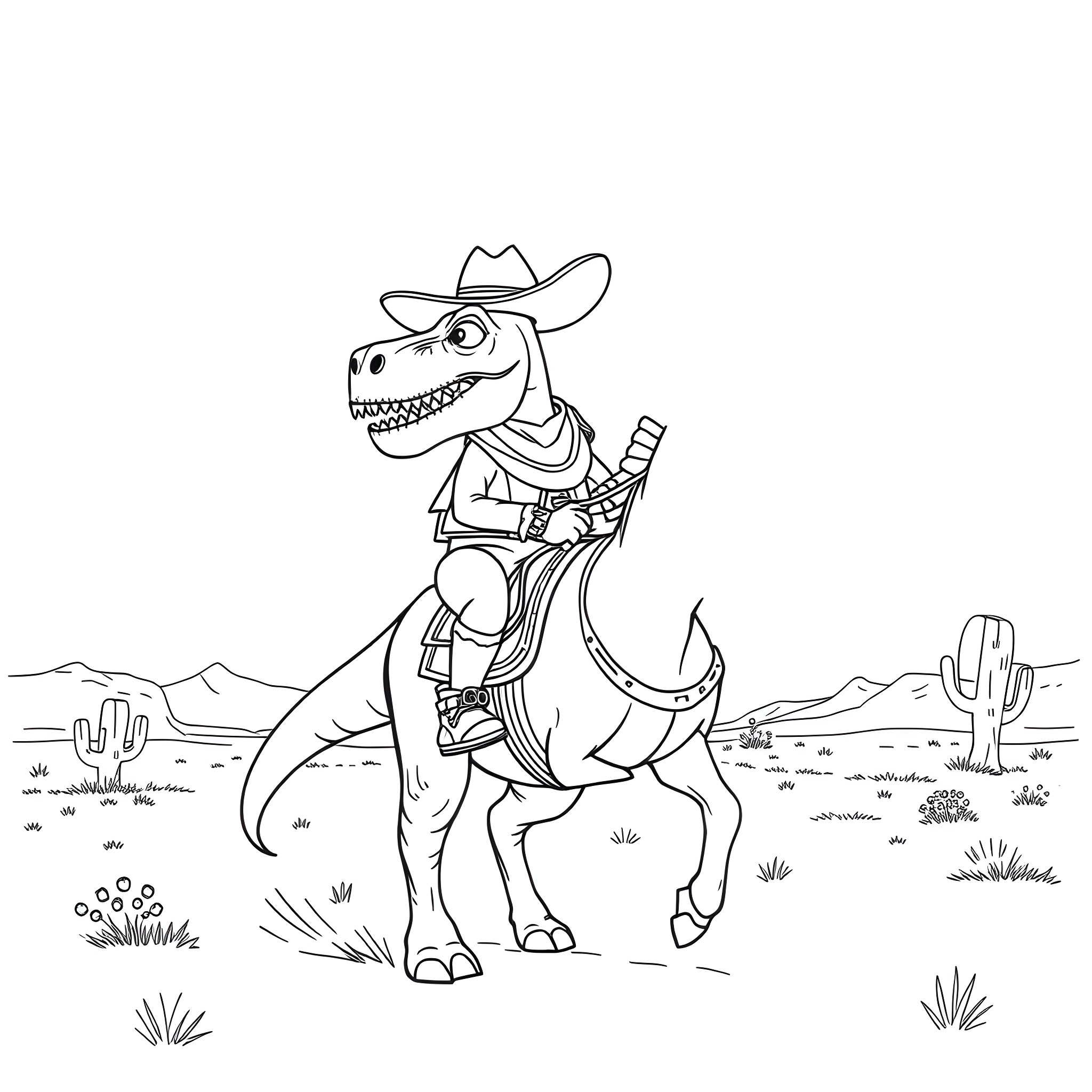 T-Rex Cowboy Roaming the Wild West Landscape Coloring Page (free black-and-white line drawing printable PDF for all, from beginners to advanced learners, including children, teens, adults, and seniors)