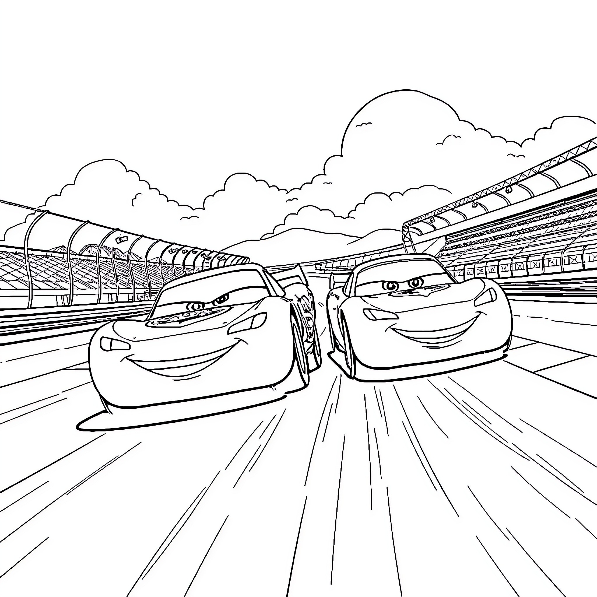 Lightning McQueen racing on the track with friends Coloring Page (free black-and-white line drawing printable PDF for all, from beginners to advanced learners, including children, teens, adults, and seniors)