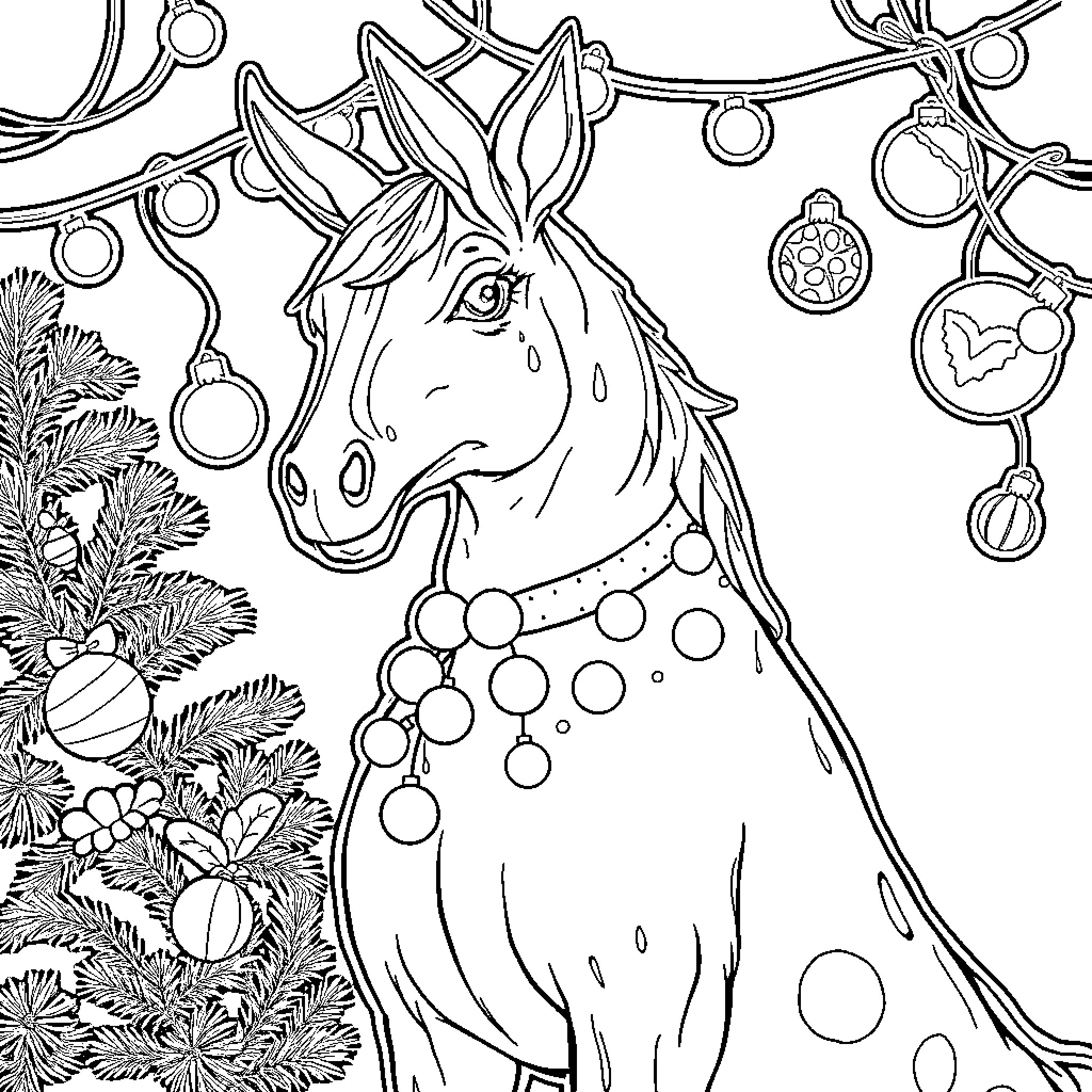 Huntrix Adorned Unicorn in Holiday Setting Coloring Page (free black-and-white line drawing printable PDF for all, from beginners to advanced learners, including children, teens, adults, and seniors)