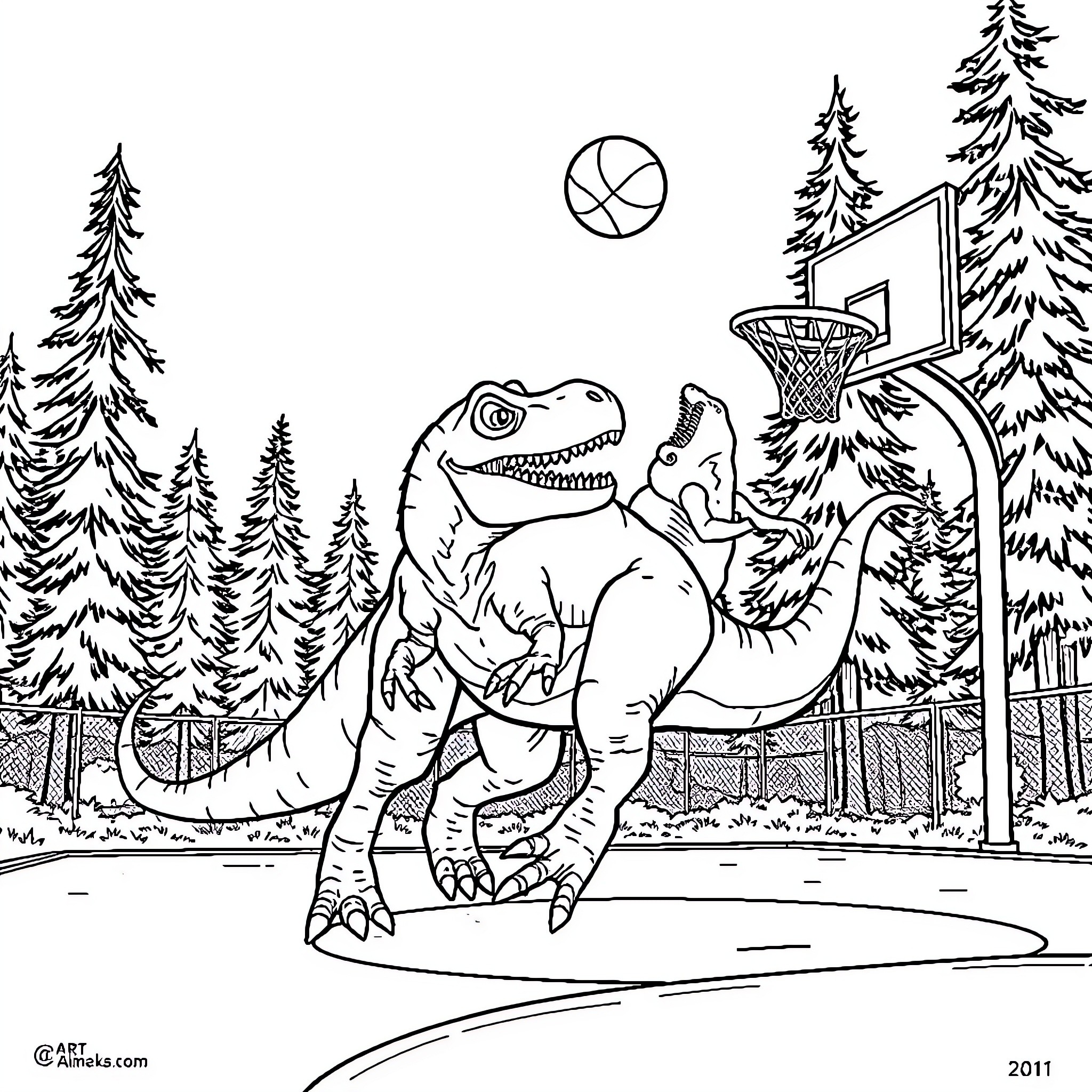 Dinosaur playing basketball in a forest Coloring Page (free black-and-white line drawing printable PDF for all, from beginners to advanced learners, including children, teens, adults, and seniors)