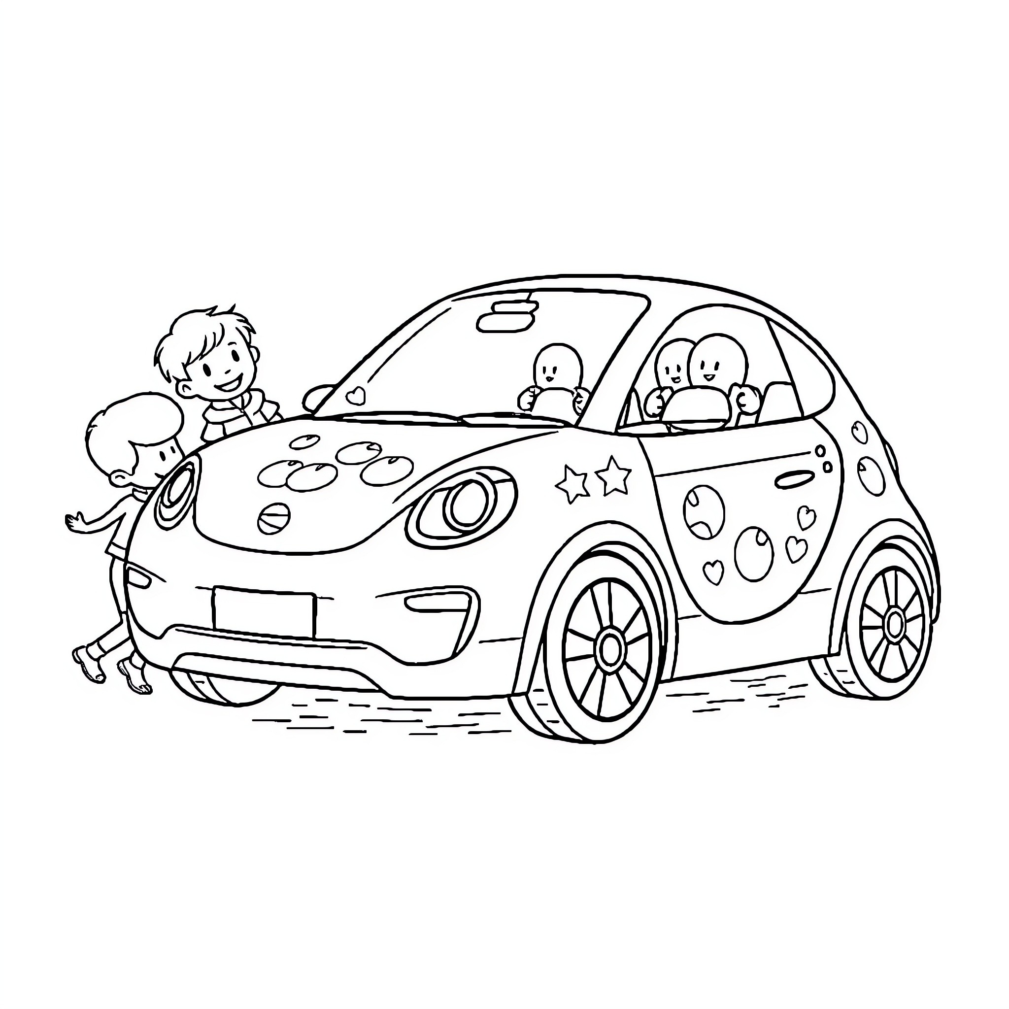 Electric Car with Cartoon Characters Coloring Page (free black-and-white line drawing printable PDF for all, from beginners to advanced learners, including children, teens, adults, and seniors)