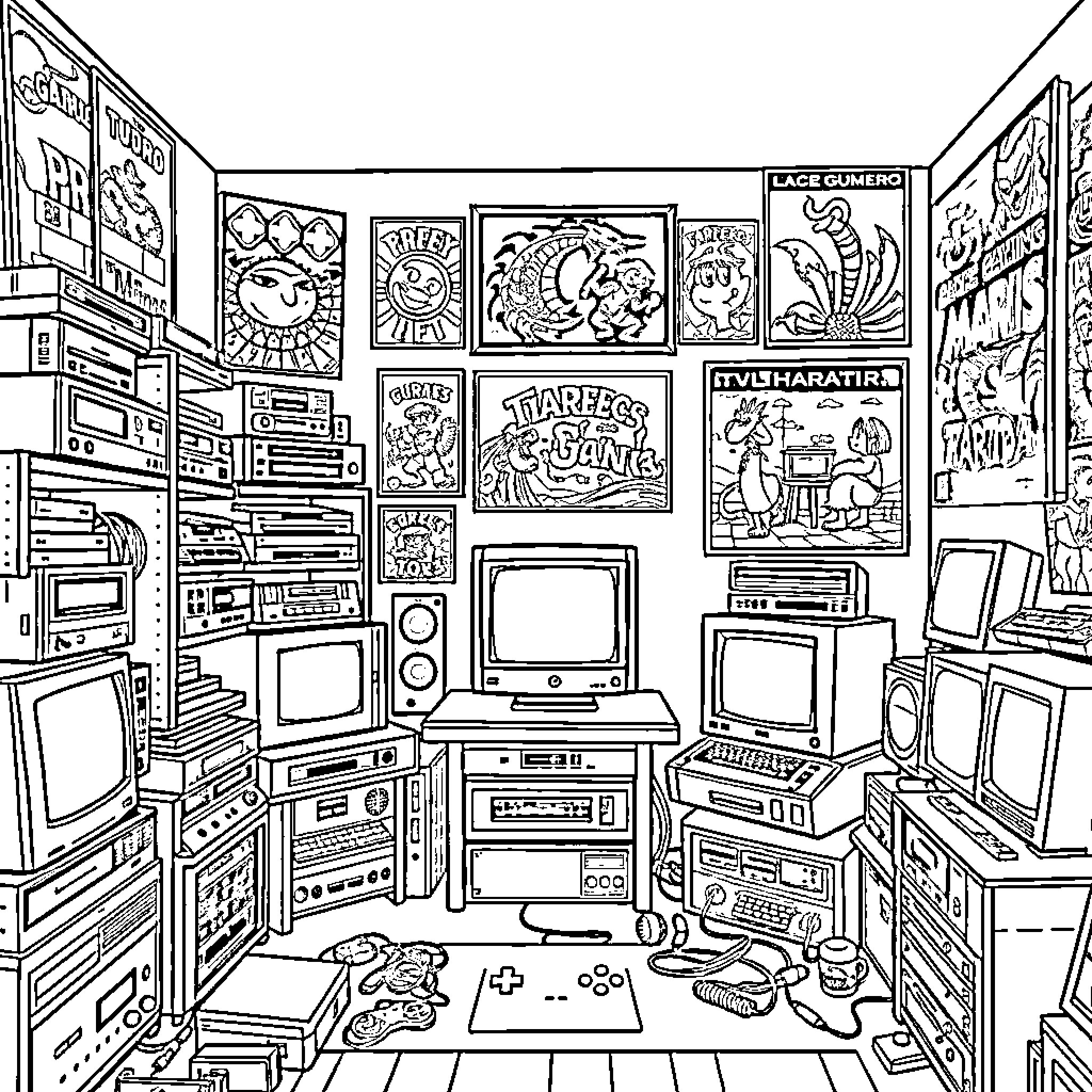Gamer Room Filled with Consoles, Controllers, and Retro Posters Coloring Page (free black-and-white line drawing printable PDF for all, from beginners to advanced learners, including children, teens, adults, and seniors)