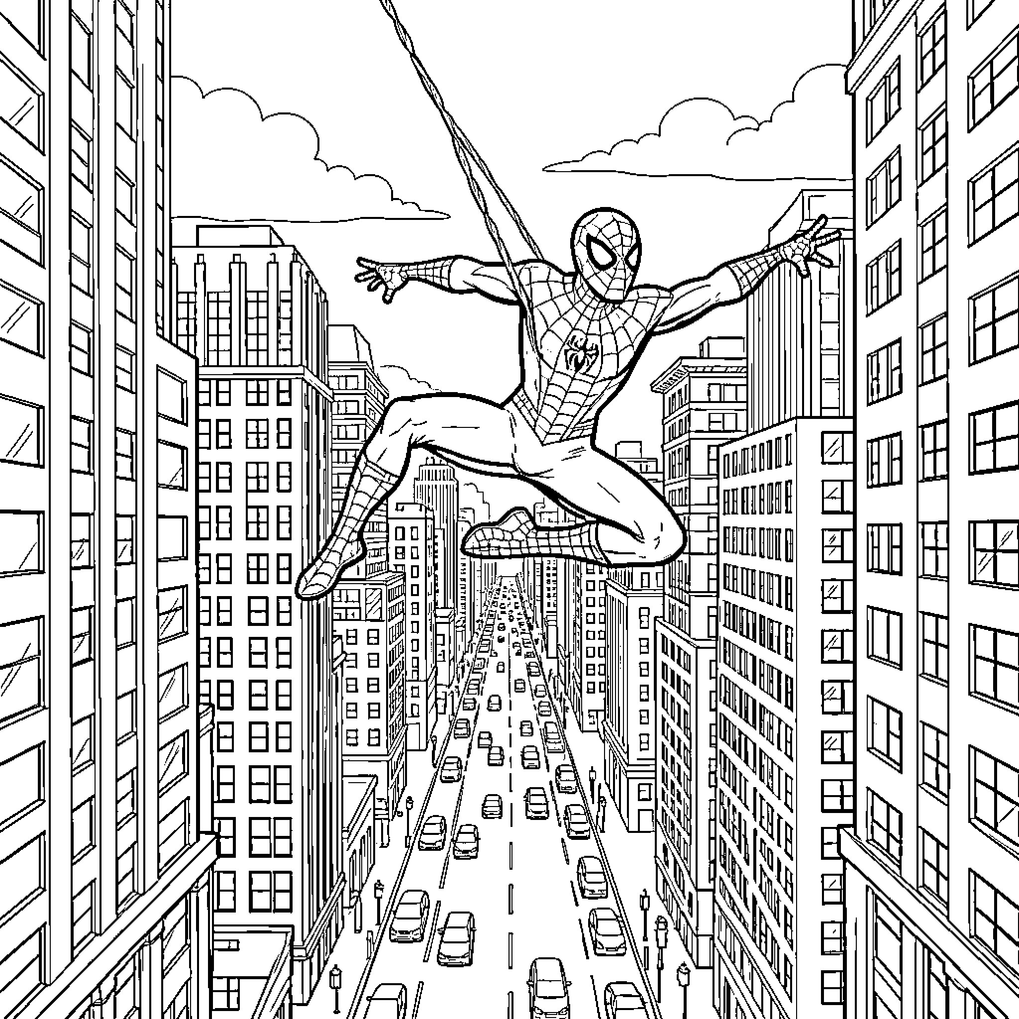 Spiderman swinging through a busy city street Coloring Page (free black-and-white line drawing printable PDF for all, from beginners to advanced learners, including children, teens, adults, and seniors)
