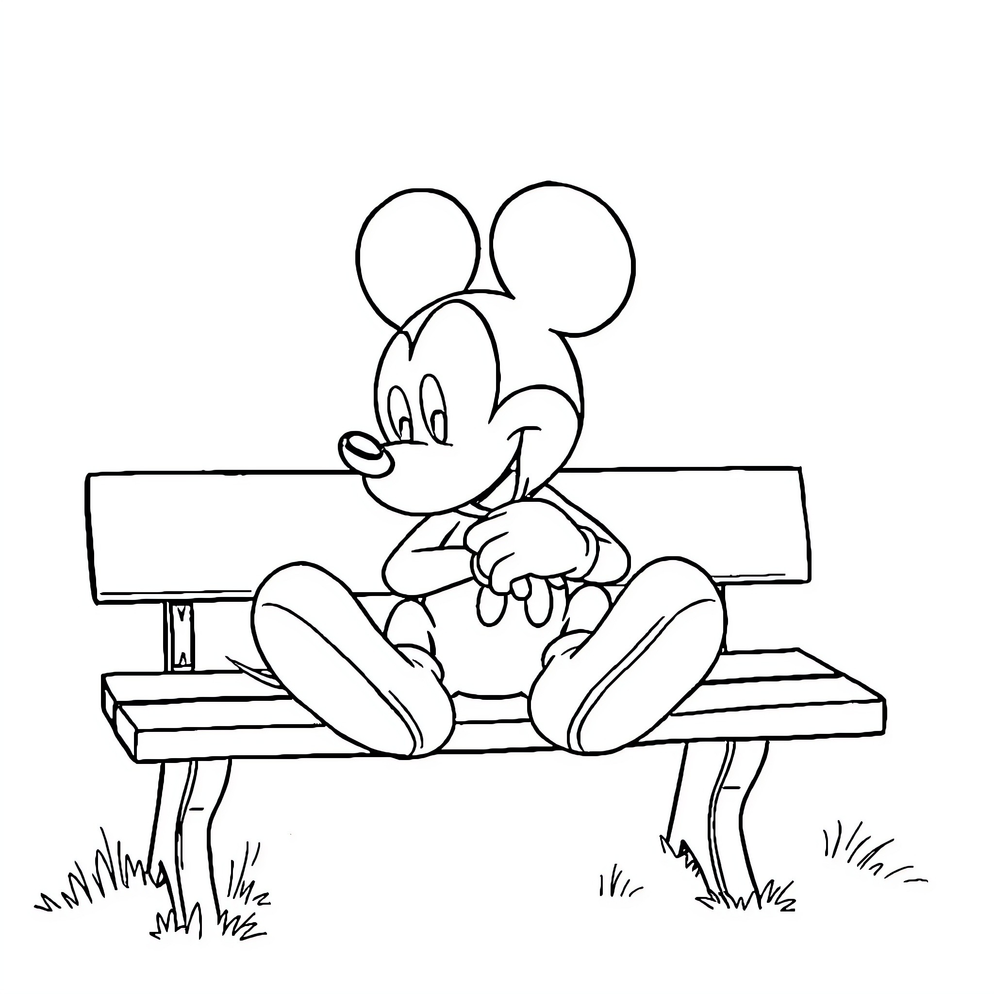Mickey Mouse relaxing on a park bench Coloring Page (free black-and-white line drawing printable PDF for all, from beginners to advanced learners, including children, teens, adults, and seniors)