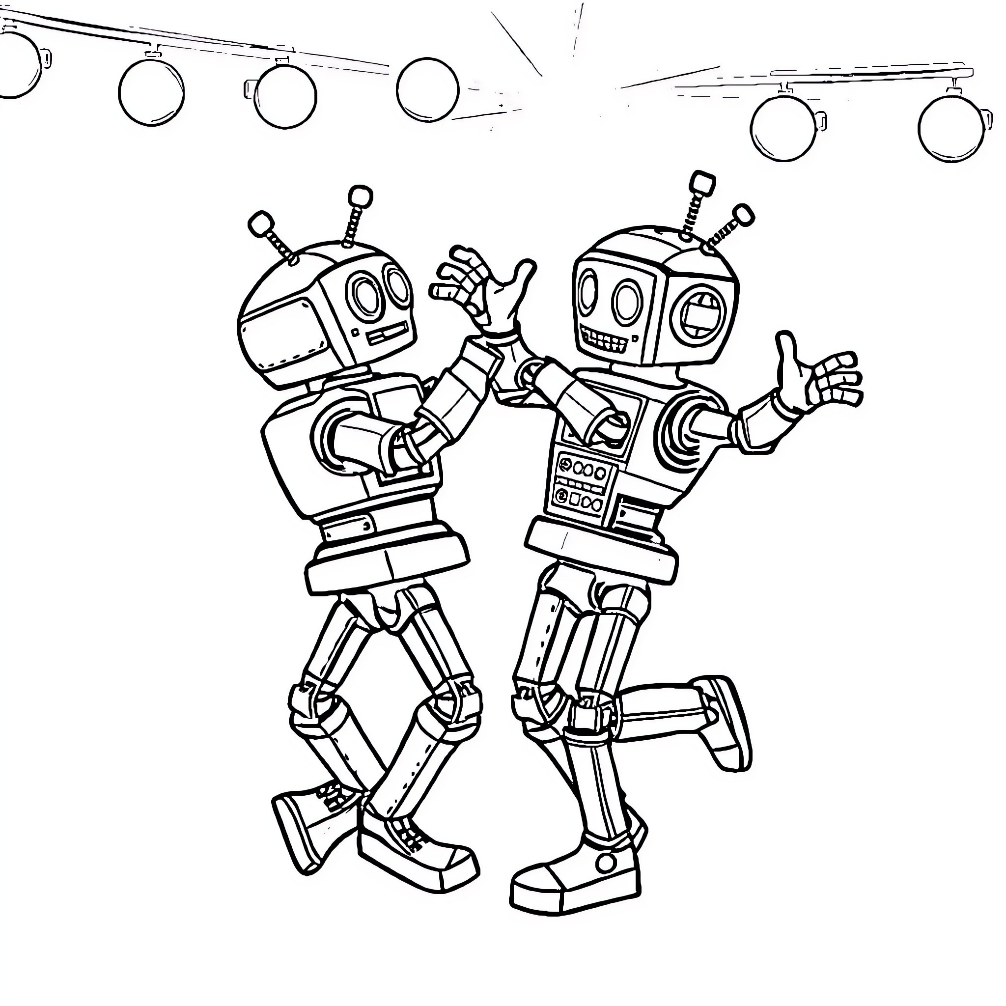 Robot friends shaking hands happily Coloring Page (free black-and-white line drawing printable PDF for all, from beginners to advanced learners, including children, teens, adults, and seniors)