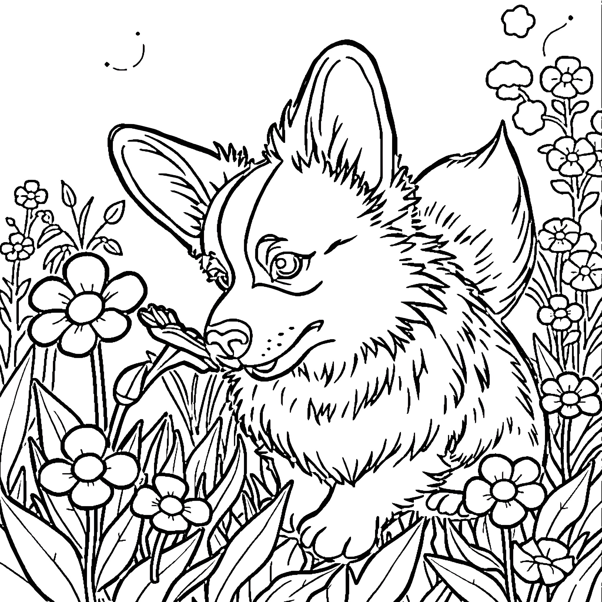 Corgi pup surrounded by colorful flowers Coloring Page (free black-and-white line drawing printable PDF for all, from beginners to advanced learners, including children, teens, adults, and seniors)