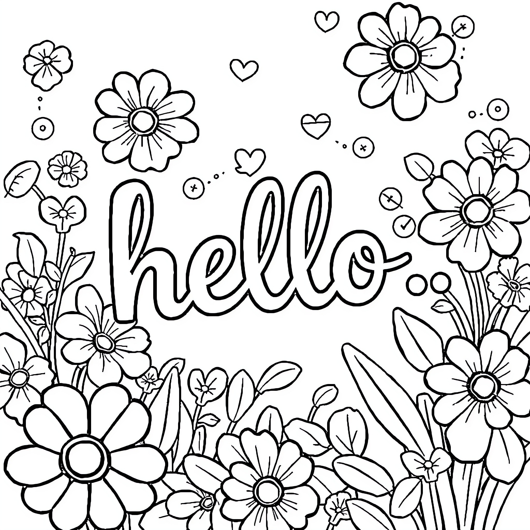 Hello floral arrangement with beautiful blooms Coloring Page (free black-and-white line drawing printable PDF for all, from beginners to advanced learners, including children, teens, adults, and seniors)