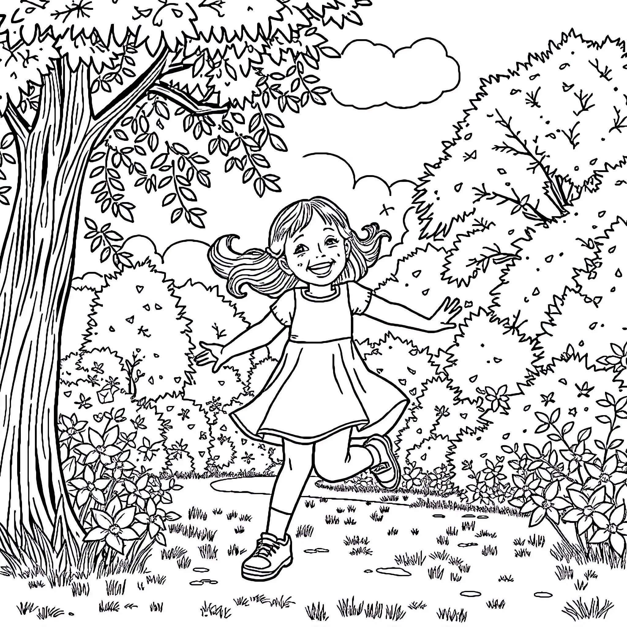 Girl happily dancing in a lush garden Coloring Page (free black-and-white line drawing printable PDF for all, from beginners to advanced learners, including children, teens, adults, and seniors)