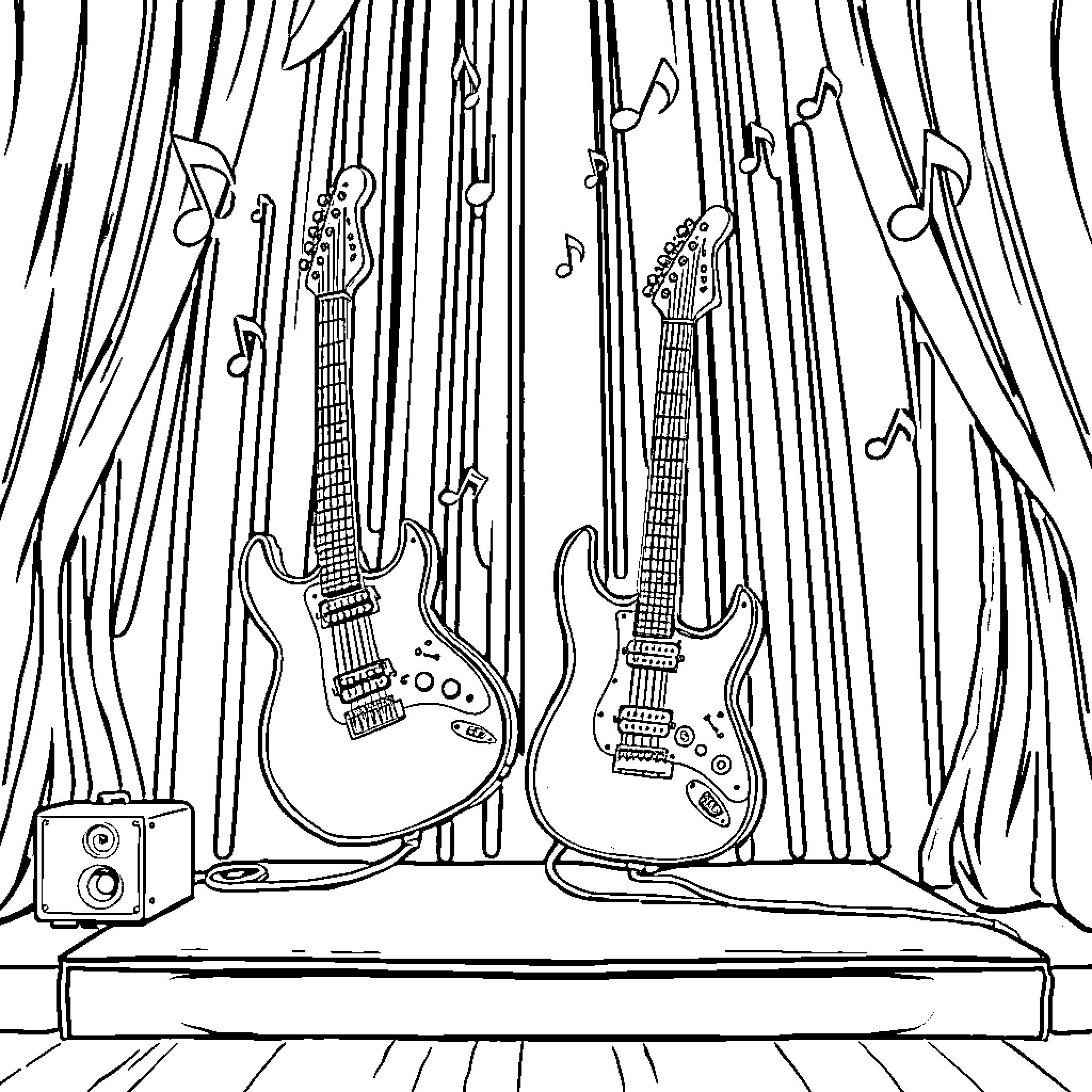 Guitar duo performing on stage Coloring Page (free black-and-white line drawing printable PDF for all, from beginners to advanced learners, including children, teens, adults, and seniors)