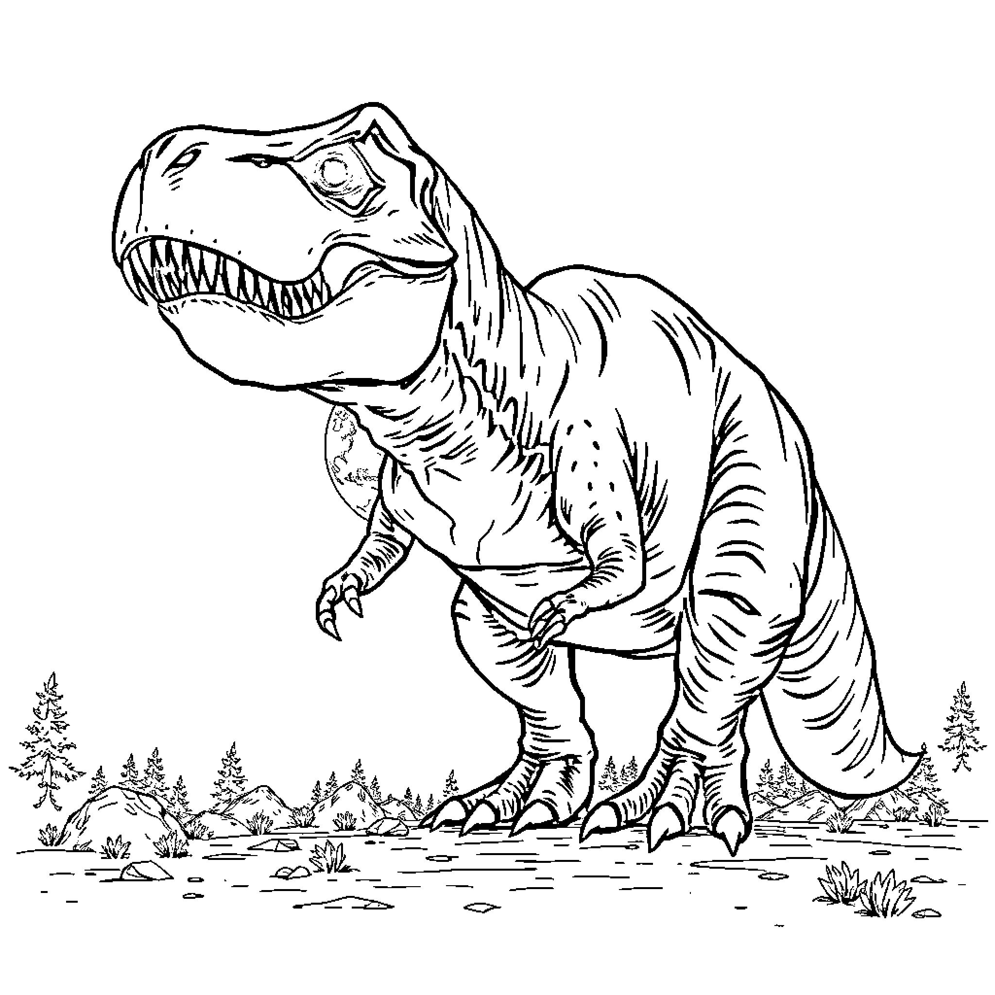 T-Rex Roaring Fiercely in Nature Coloring Page (free black-and-white line drawing printable PDF for all, from beginners to advanced learners, including children, teens, adults, and seniors)