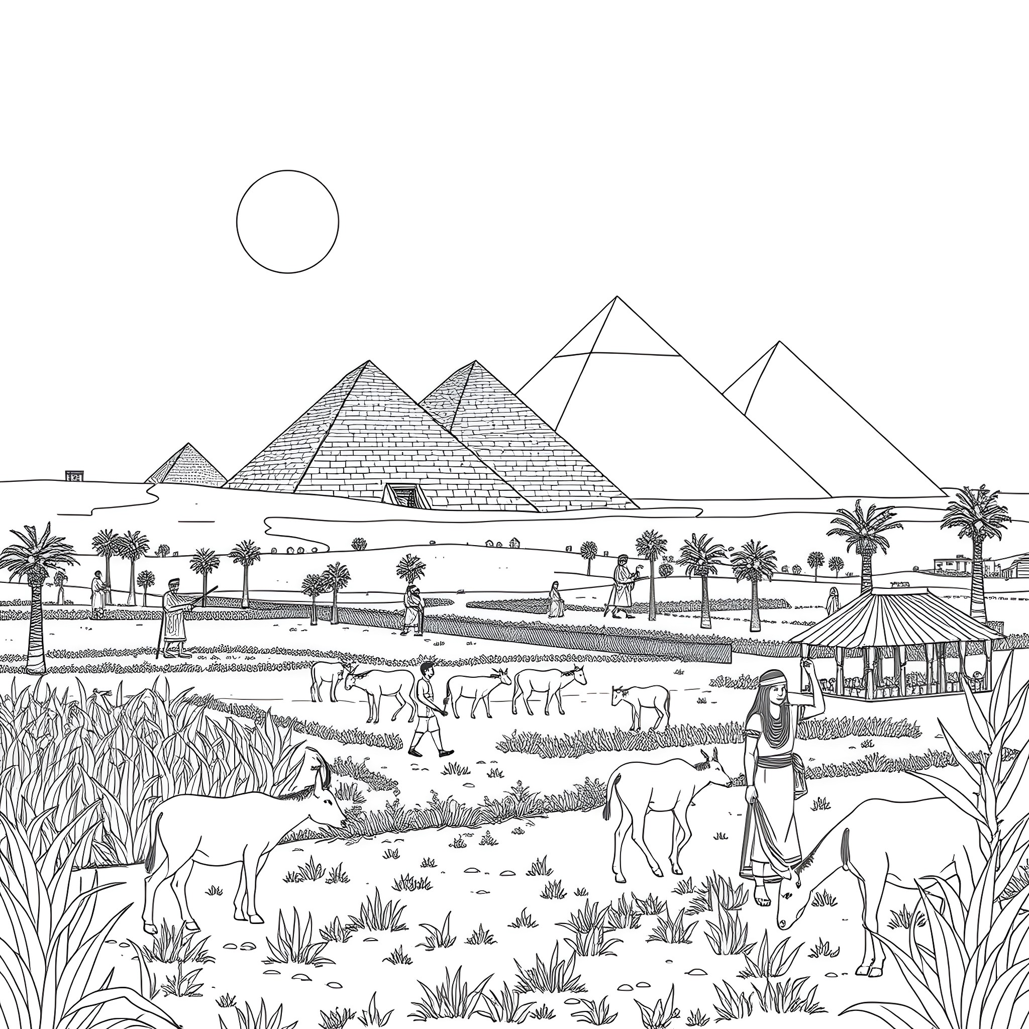 Farm animals and pyramids in the desert landscape Coloring Page (free black-and-white line drawing printable PDF for all, from beginners to advanced learners, including children, teens, adults, and seniors)