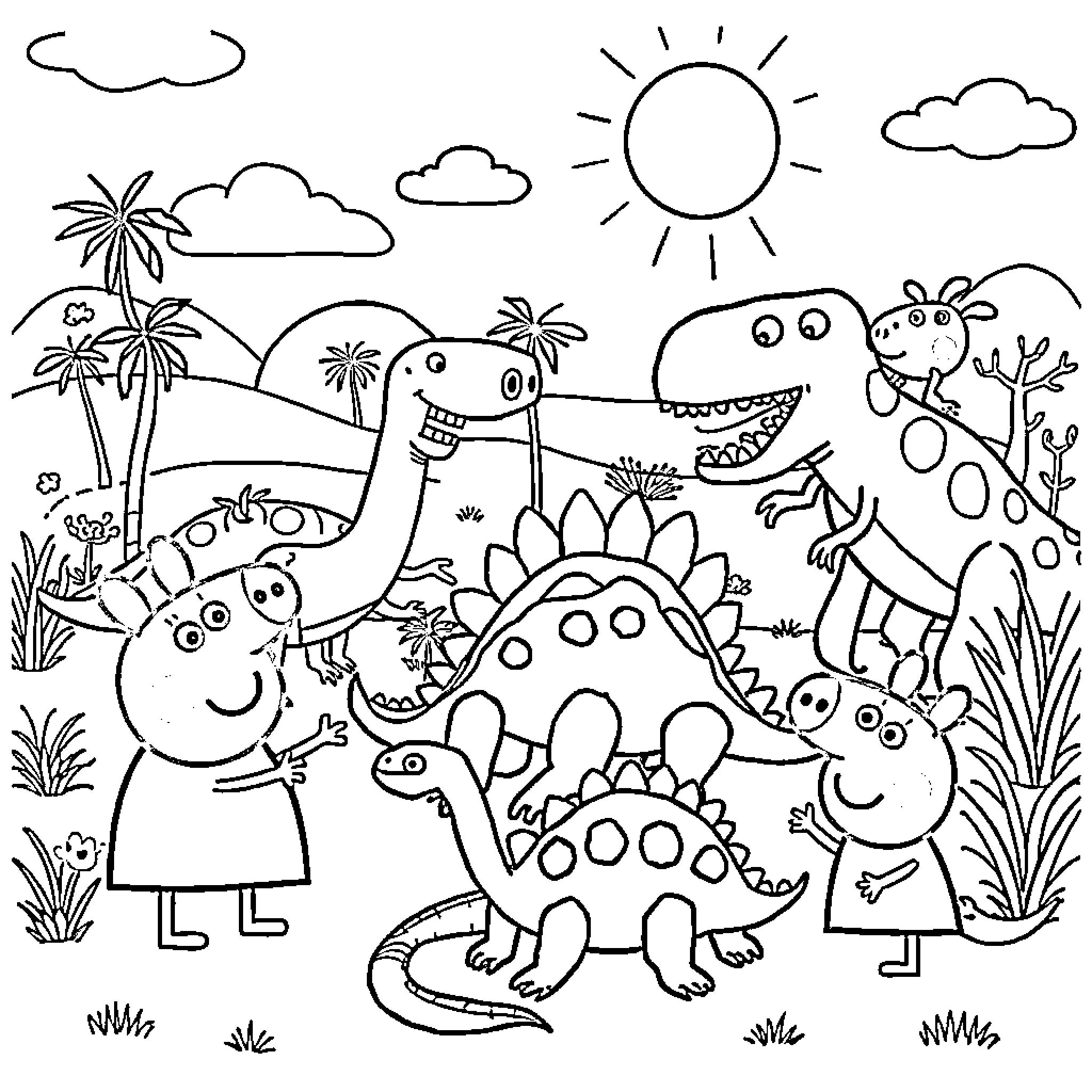 Peppa Pig and friends explore a prehistoric landscape Coloring Page (free black-and-white line drawing printable PDF for all, from beginners to advanced learners, including children, teens, adults, and seniors)