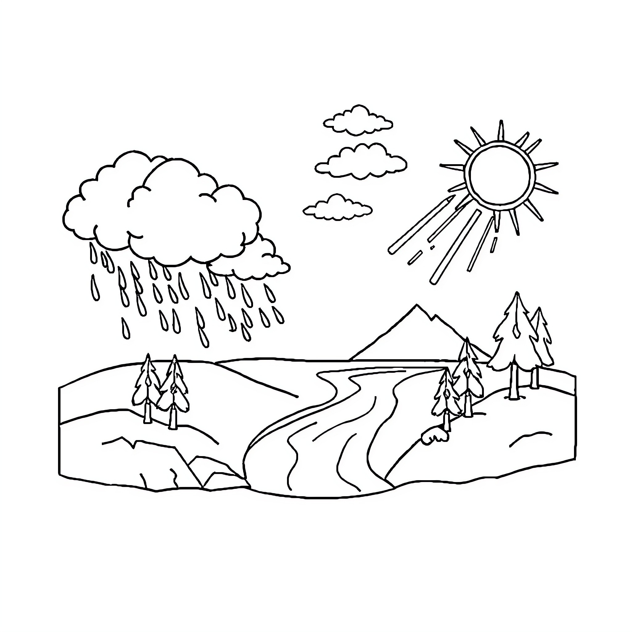 Water Cycle Depicted in Outdoor Landscape Coloring Page (free black-and-white line drawing printable PDF for all, from beginners to advanced learners, including children, teens, adults, and seniors)
