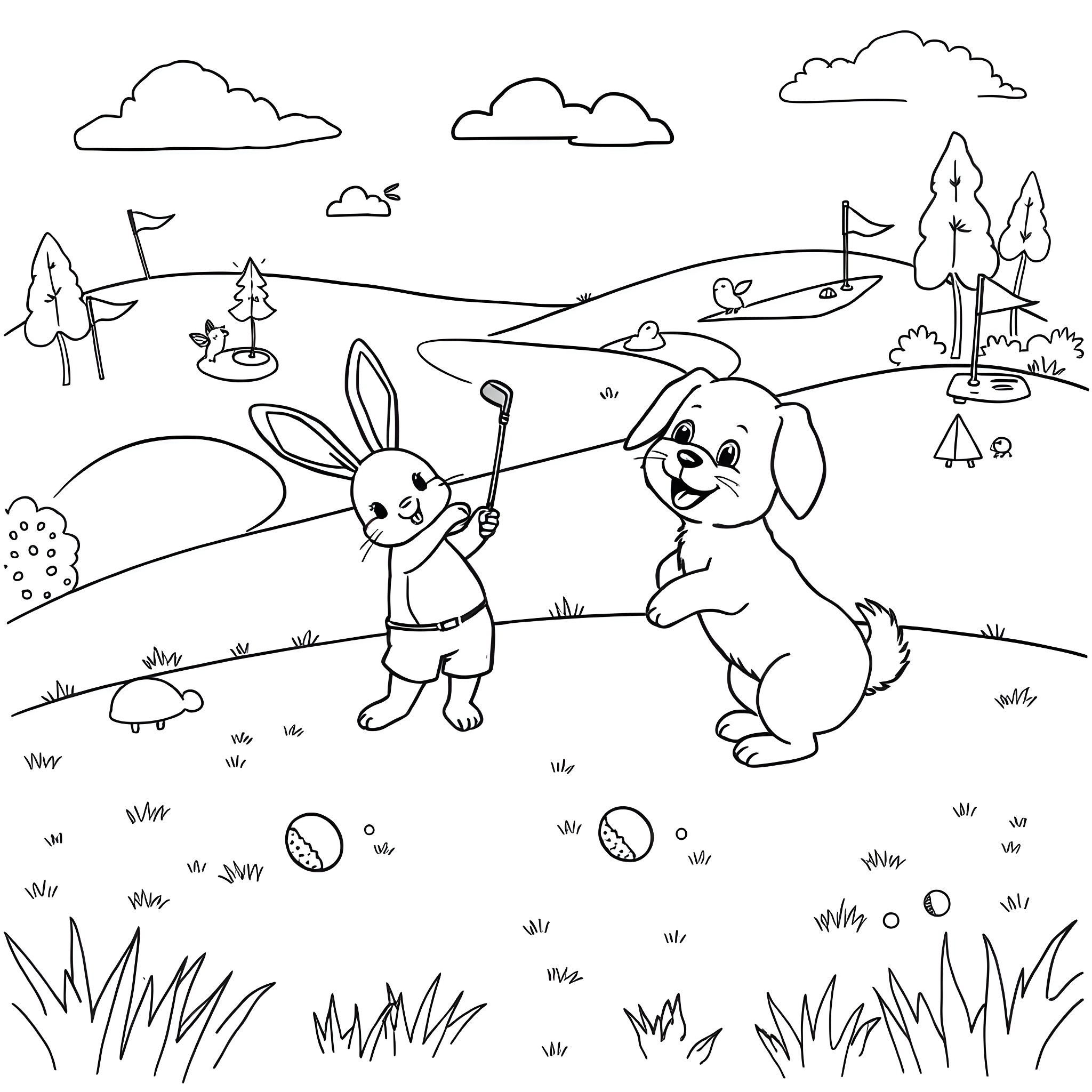 Animal friends enjoying a day in the countryside Coloring Page (free black-and-white line drawing printable PDF for all, from beginners to advanced learners, including children, teens, adults, and seniors)