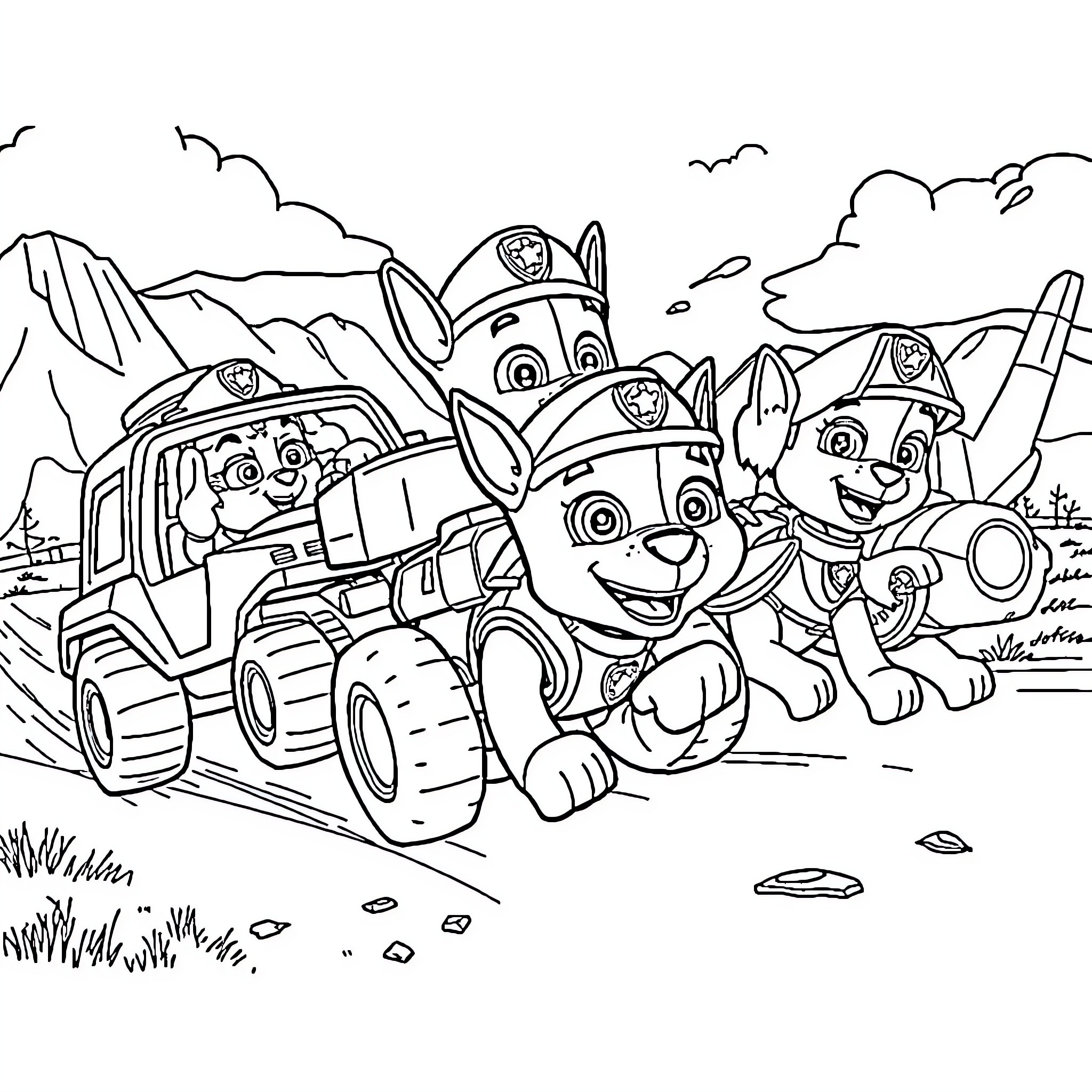 Paw Patrol characters on an adventure Coloring Page (free black-and-white line drawing printable PDF for all, from beginners to advanced learners, including children, teens, adults, and seniors)