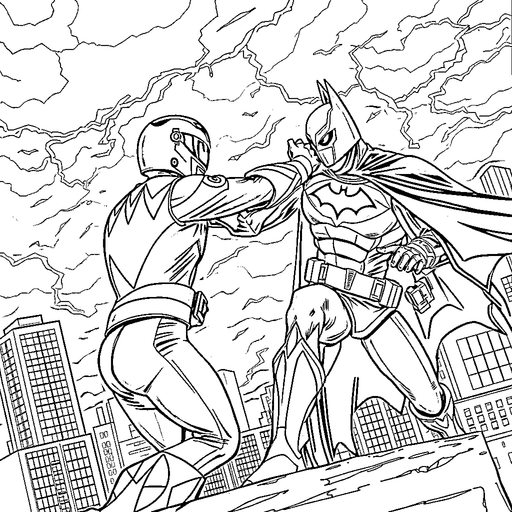 Power Rangers Battling in Stormy City Skyline Coloring Page (free black-and-white line drawing printable PDF for all, from beginners to advanced learners, including children, teens, adults, and seniors)