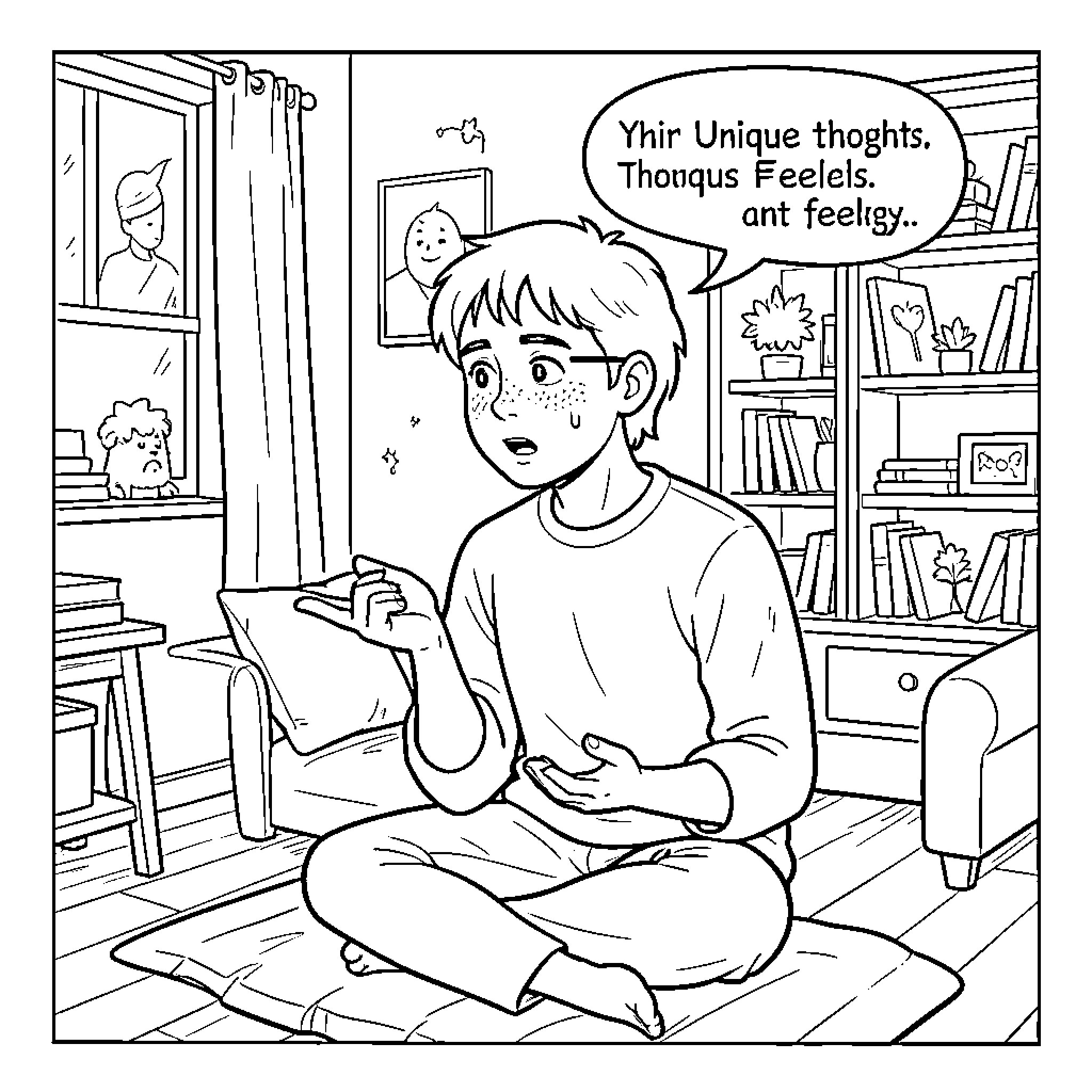 Autism: A child's unique thoughts and feelings Coloring Page (free black-and-white line drawing printable PDF for all, from beginners to advanced learners, including children, teens, adults, and seniors)
