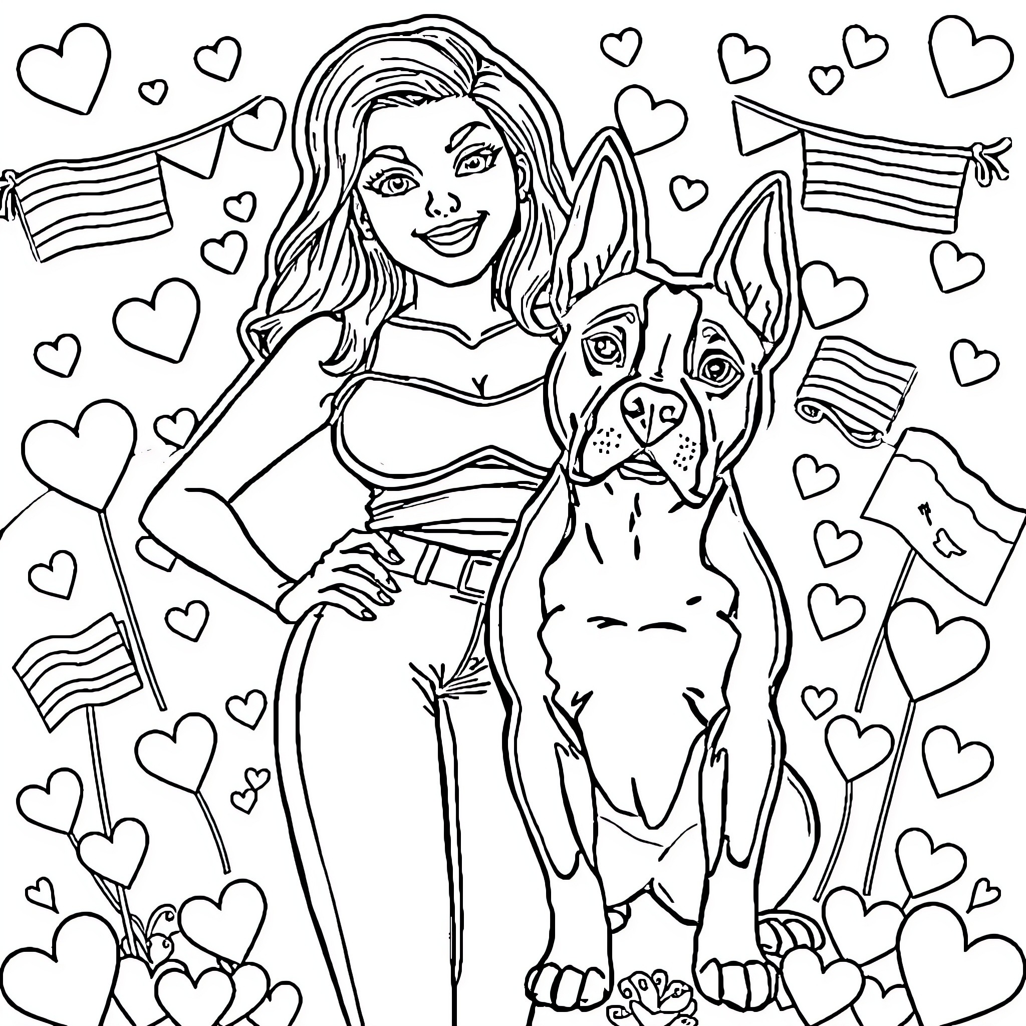 Lesbian couple enjoying a playful moment with their pet Coloring Page (free black-and-white line drawing printable PDF for all, from beginners to advanced learners, including children, teens, adults, and seniors)