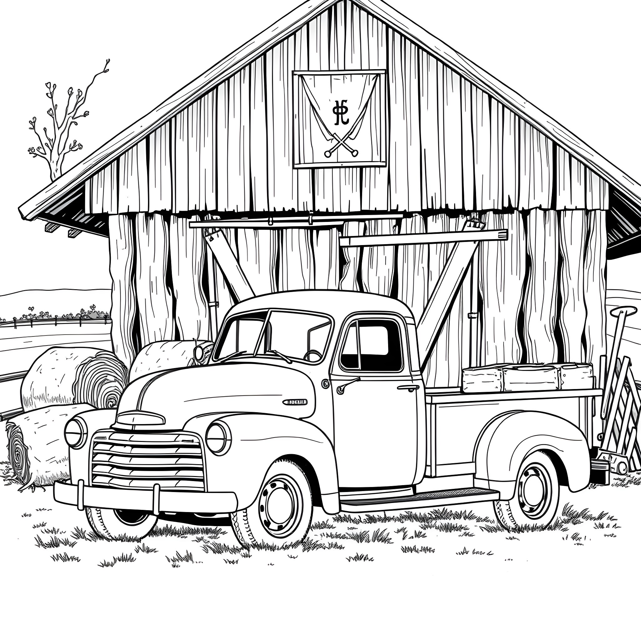 Truck parked in front of rustic barn Coloring Page (free black-and-white line drawing printable PDF for all, from beginners to advanced learners, including children, teens, adults, and seniors)
