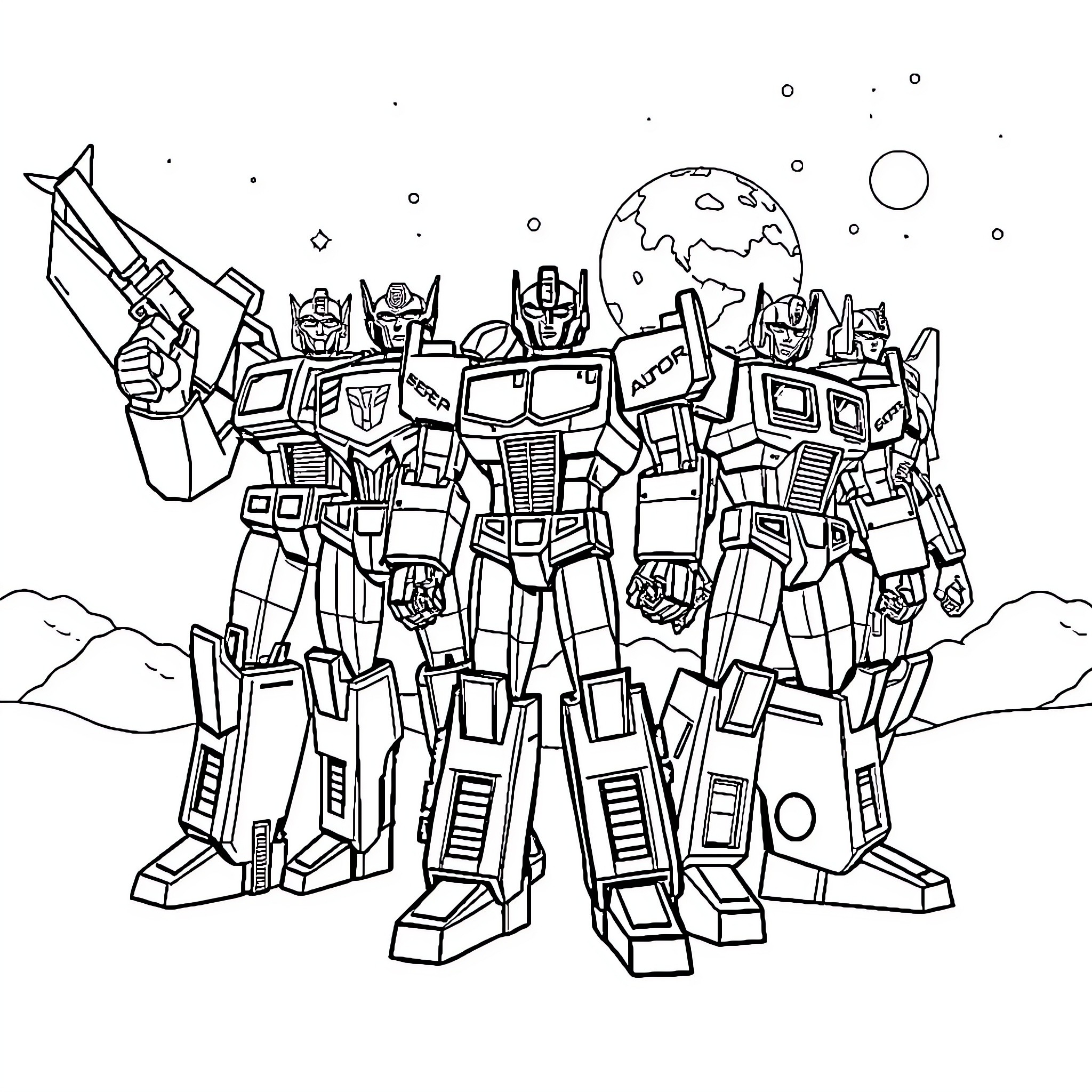 Autobot heroic robots on alien planet Coloring Page (free black-and-white line drawing printable PDF for all, from beginners to advanced learners, including children, teens, adults, and seniors)
