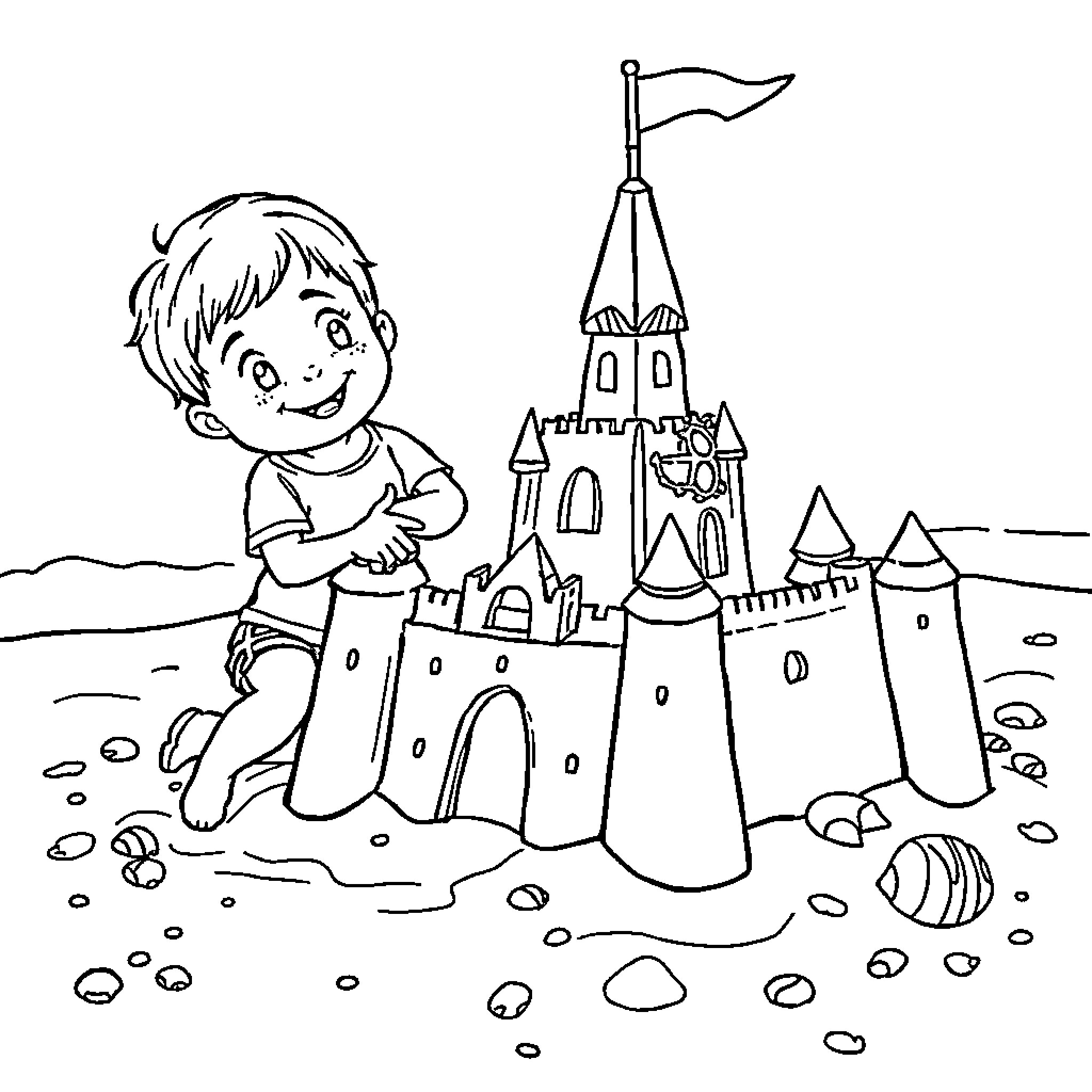 Kid building sandcastle with castle in background Coloring Page (free black-and-white line drawing printable PDF for all, from beginners to advanced learners, including children, teens, adults, and seniors)